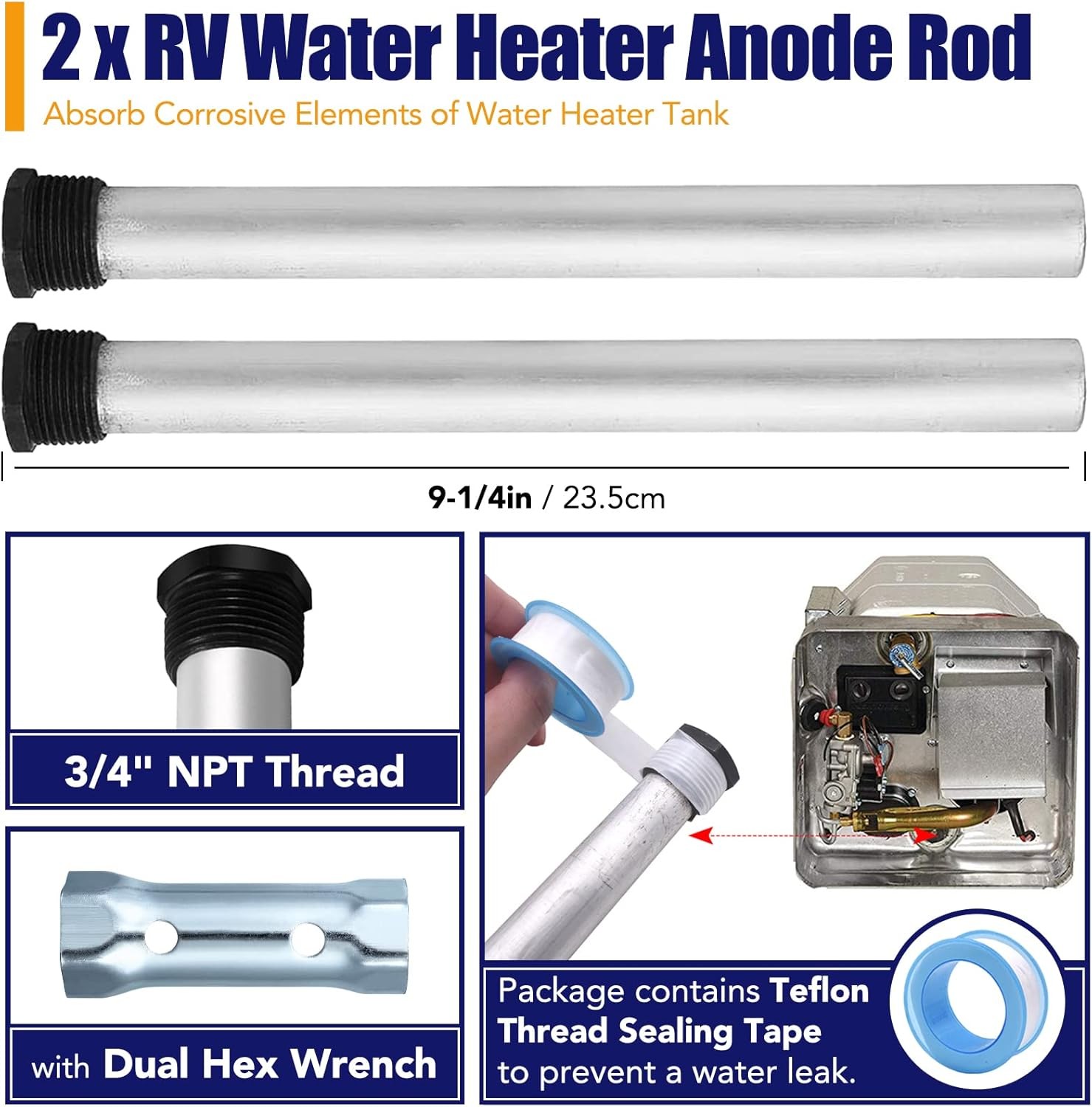 5PC RV Water Heater Anode Rod Kit 9.25in 3/4″NPT Suburban Mor-Flo Camper Tank