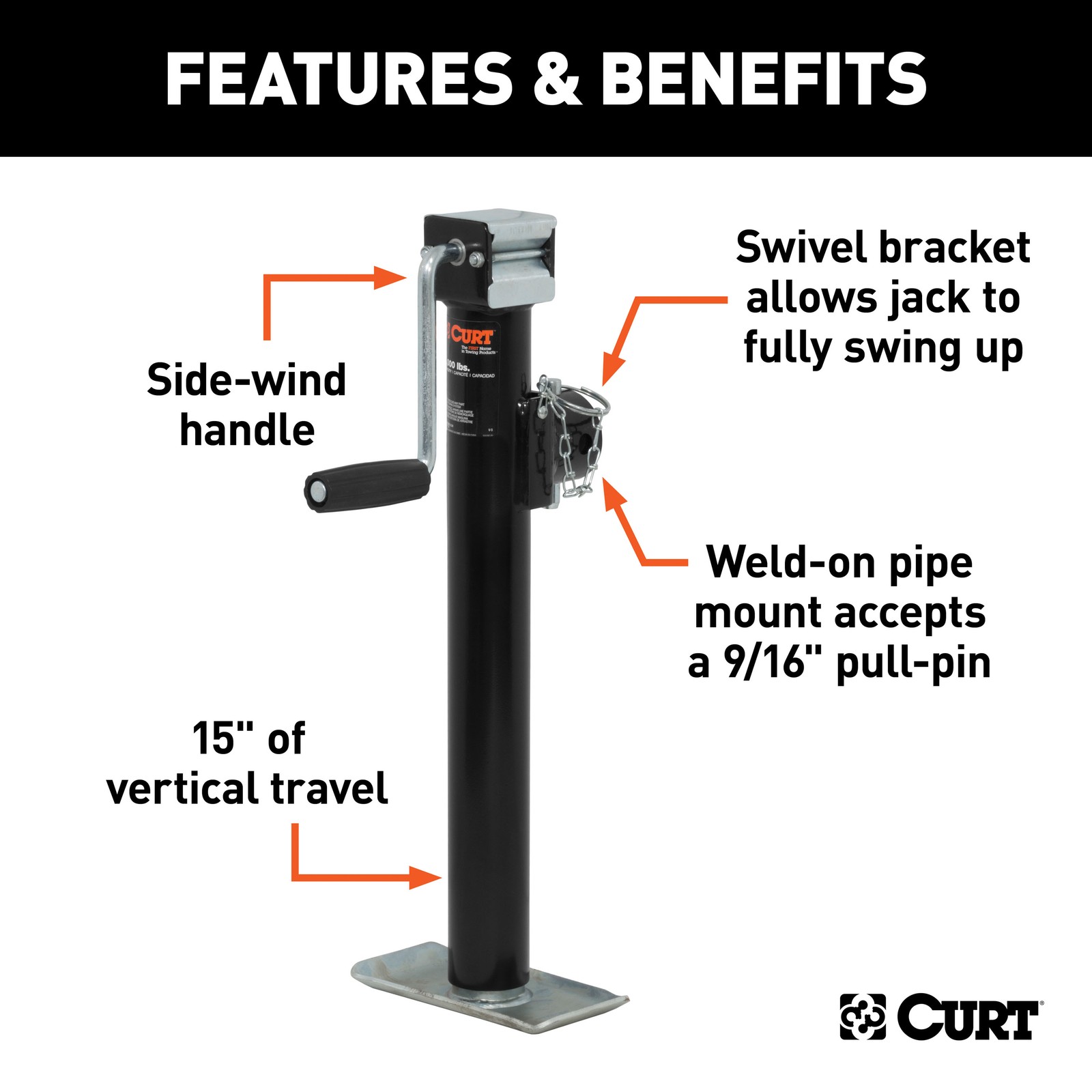 Pipe-Mount Swivel Trailer Jack w/ Side Handle 2K lbs, 15″ Travel 28324 CURT
