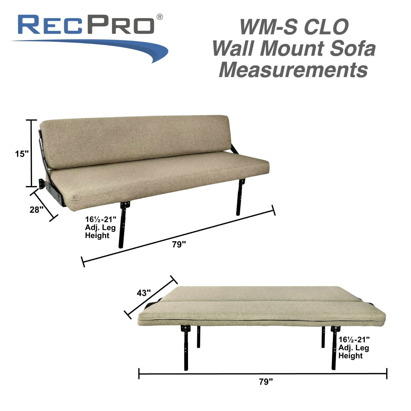 80″ RV Wall Mount Fold Up Drop Down Sofa Gaucho Bed with Adjustable Legs Cloth