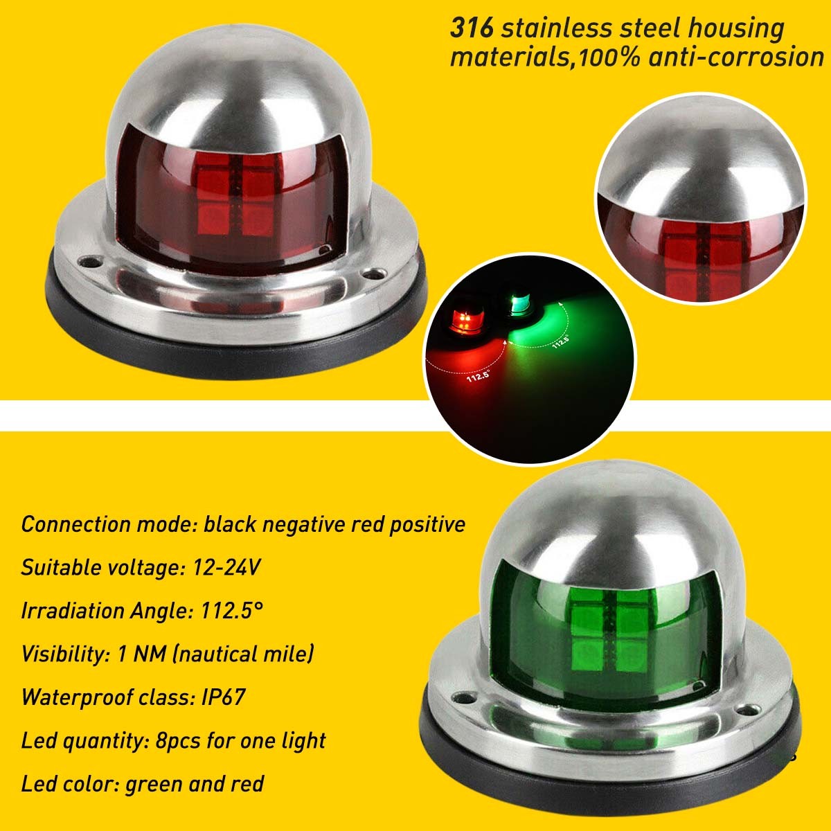 Pair Red & Green 8LED Navigation Lights Marine Bow Light Lamp for Boat Pontoon B