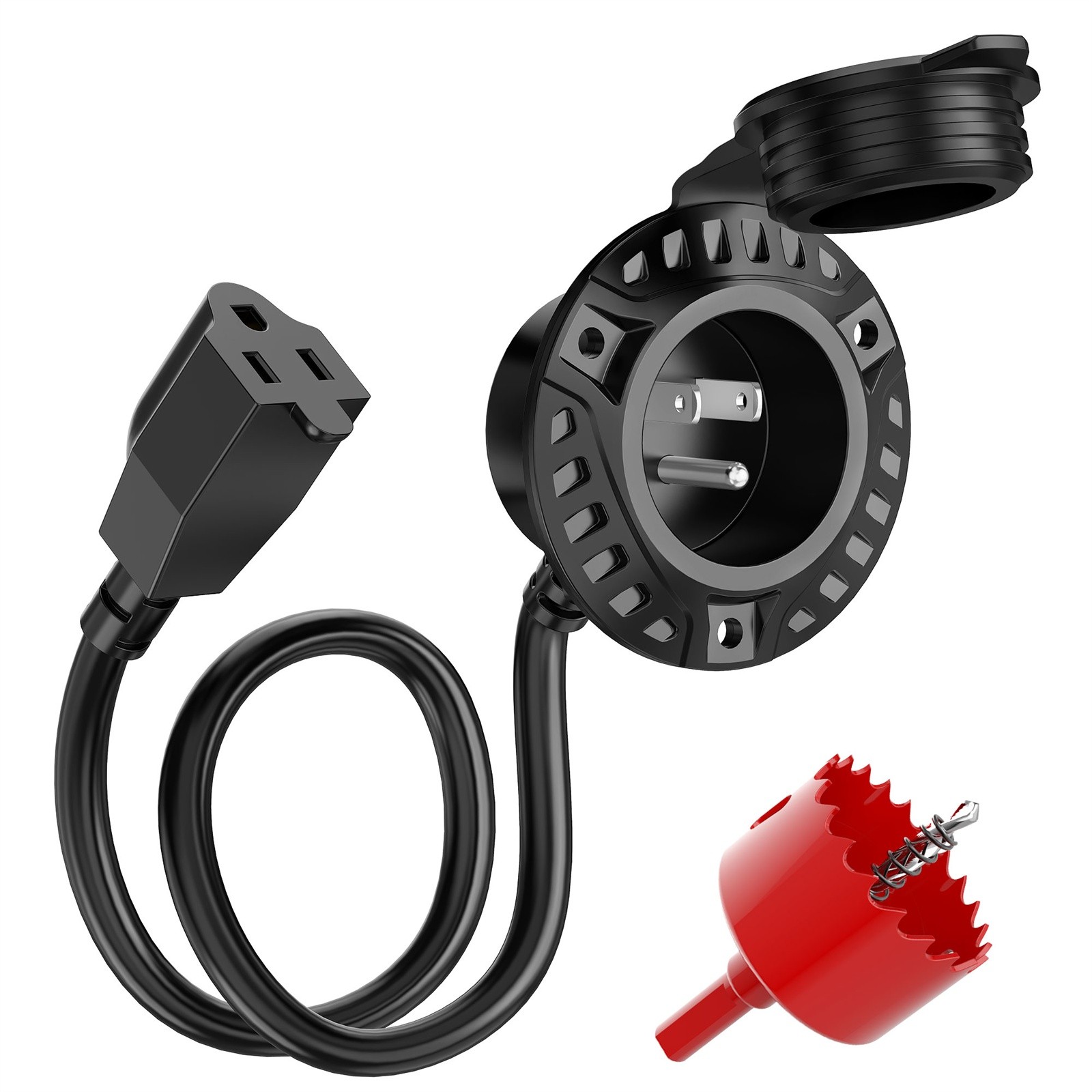 12AWG RV Shore Power Inlet Socket 15A 125V AC Port Plug with 18″ Extension Cord