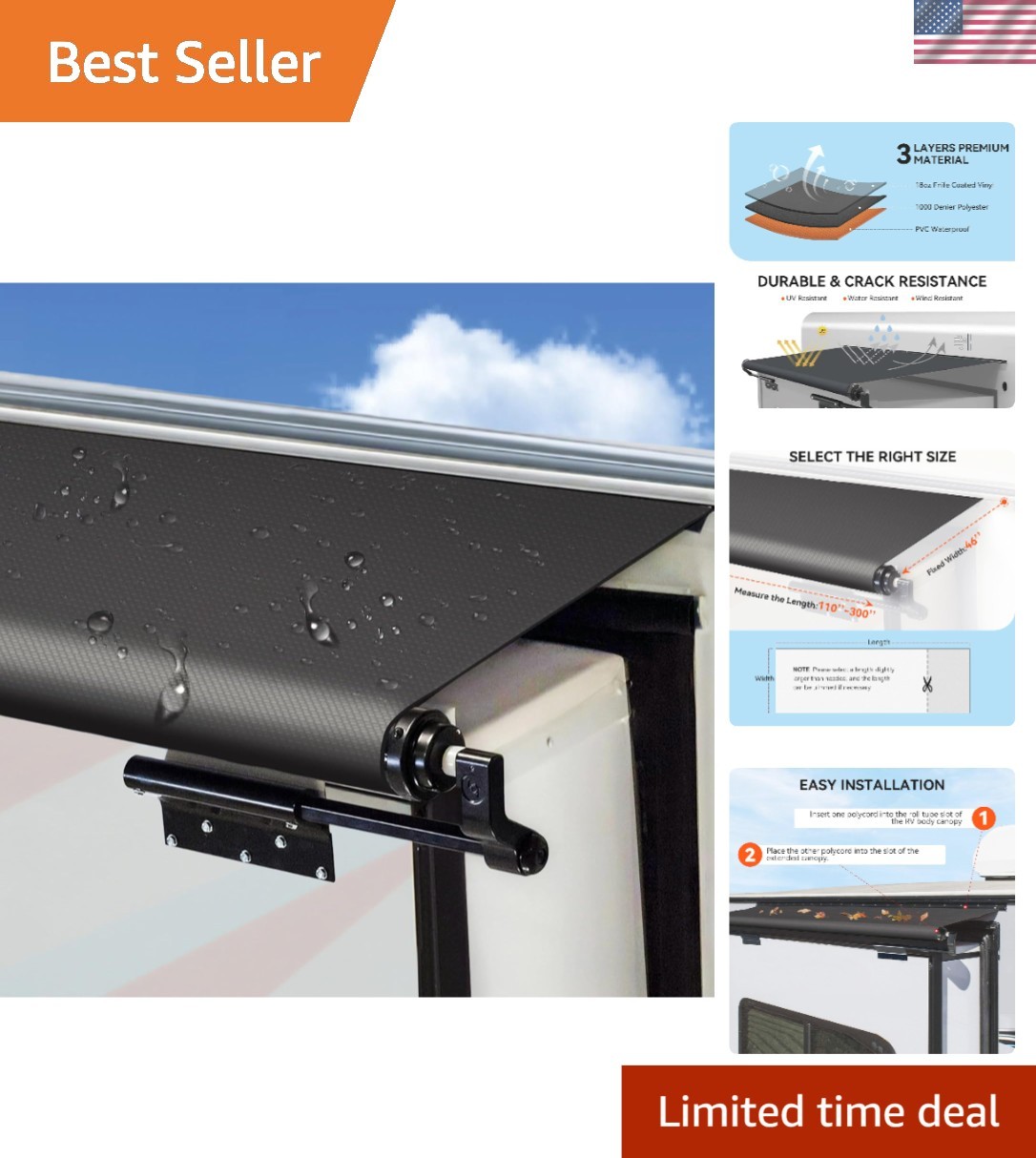 Custom Fit 200” Heavy-Duty Slide Out Awning Cover for RVs – Weatherproof Design