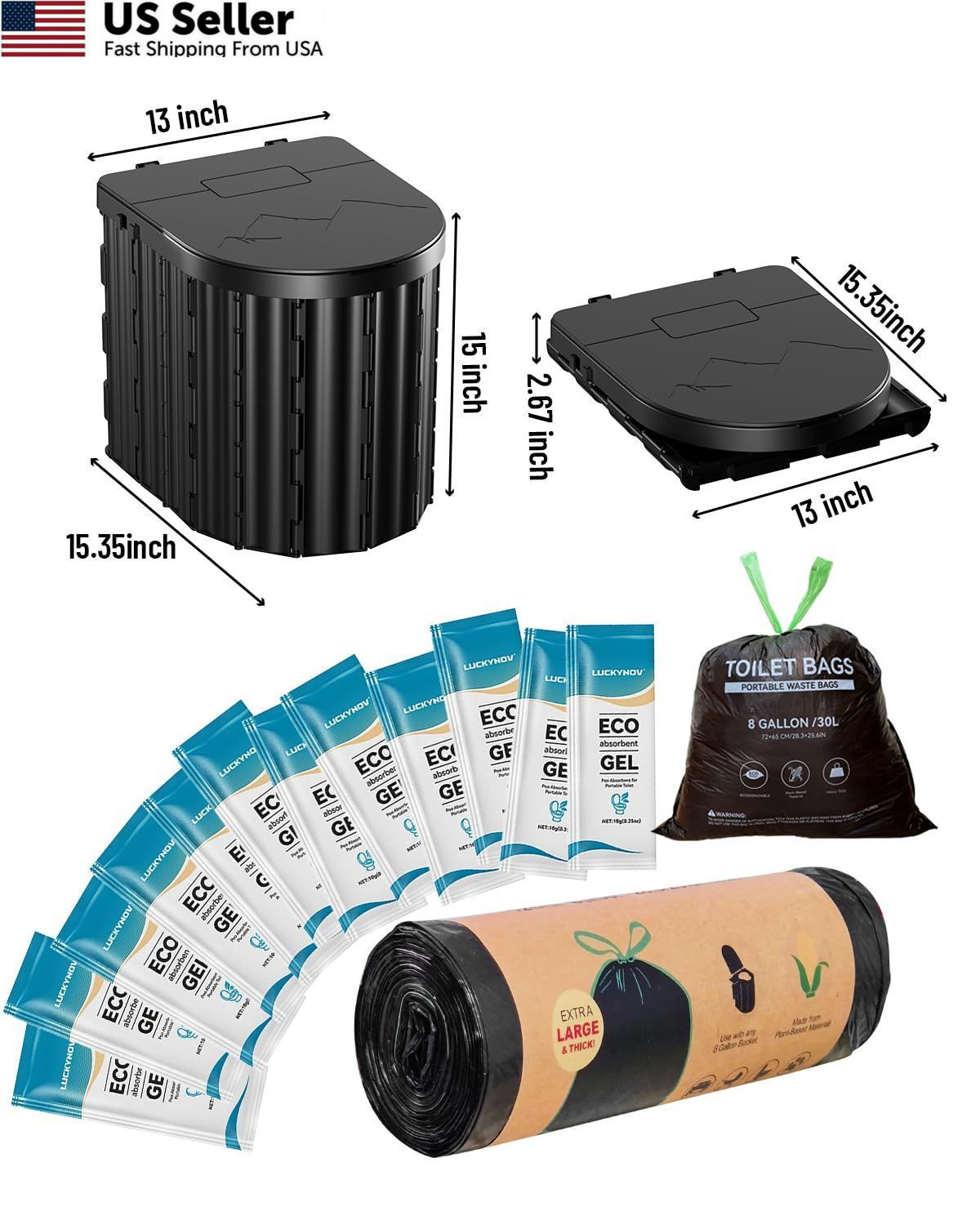 Portable Toilet with Urine Gel & Leak-Proof Black and Blue