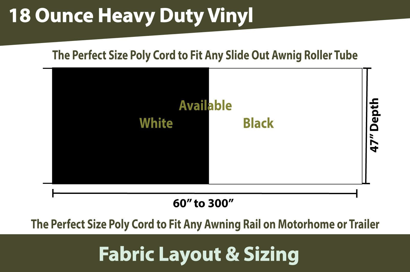 RV Slide Out Awning Replacement 18oz Fabric Black – 5 Year Warranty Choose Size