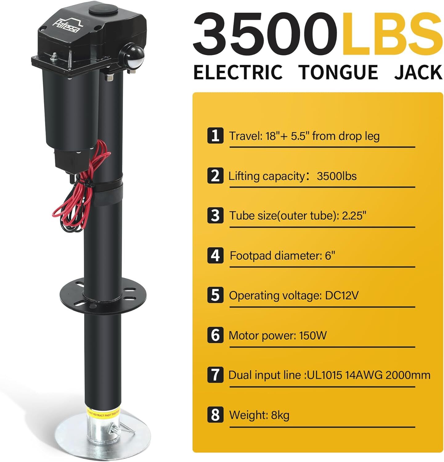 Electric Trailer Jack A Frame Travel 3500lb 12V with Drop Foot Protective Cover