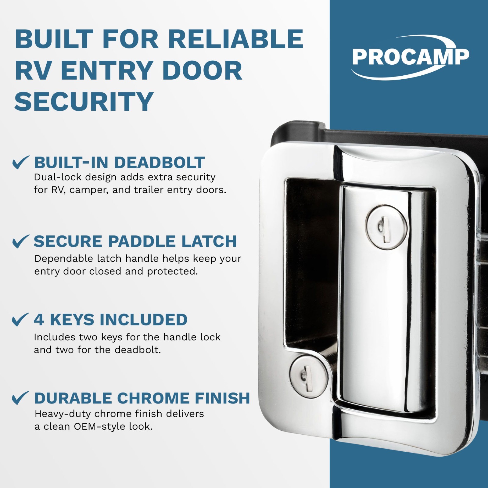 Chrome RV Paddle Entry Door Lock Latch | Handle Knob | Deadbolt Lock | Camper