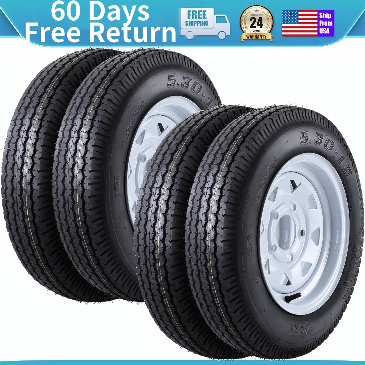 🔥4pack Trailer Tires 5.30-12 5.30×12 530-12 530 12 with 12″ Rims 5 Lug on 4.5″