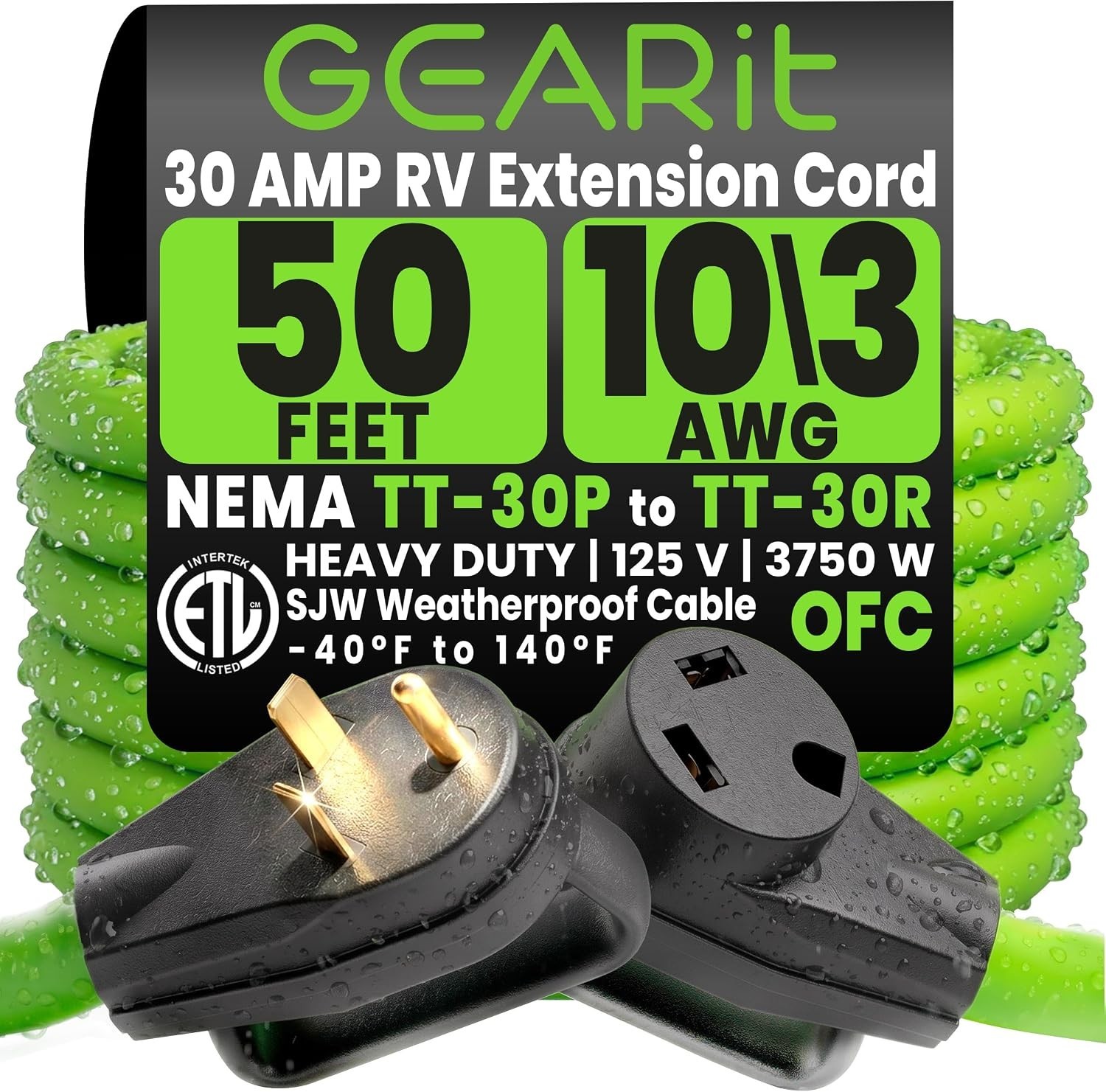 50 Ft 30 Amp RV Extension Cord – Waterproof NEMA TT-30 Heavy Duty Power Solution