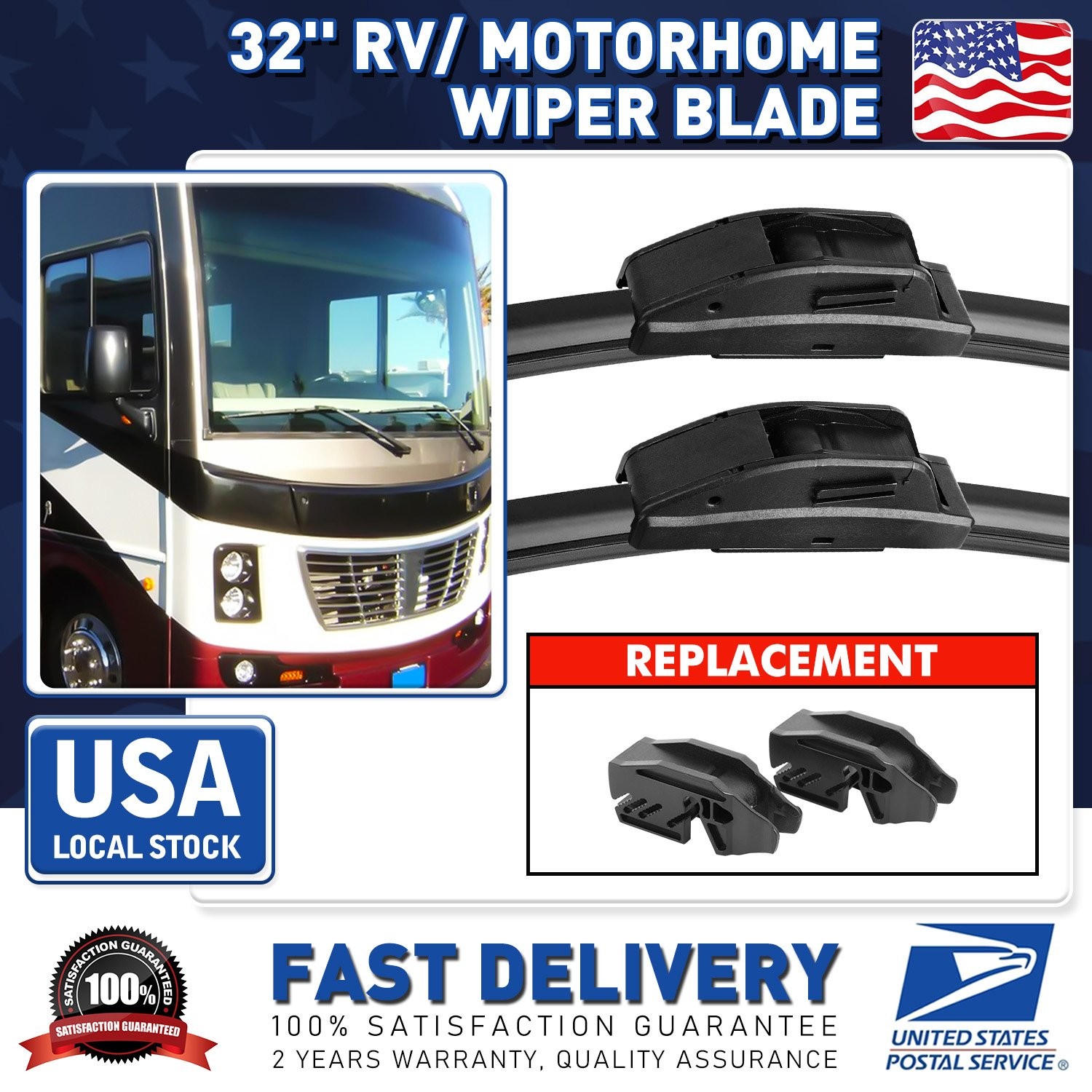 32 Inch Wiper Blade RV Pair or Motorhome rv windshield wipers 9mm 12mm U/J Hook