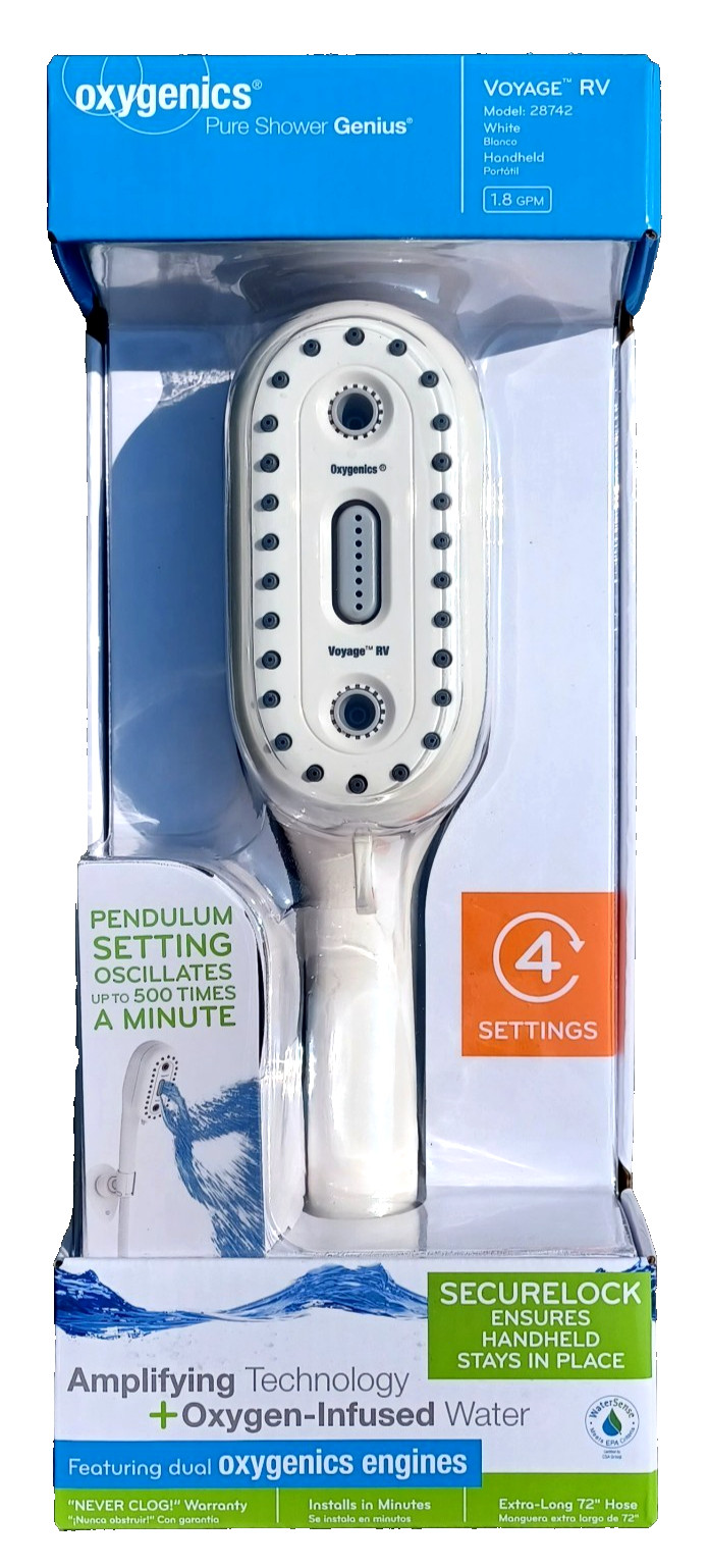 Oxygenics 28742 Shower Head Voyage RV White, 1.8 GPM 72″ Hose/Wall Mount/C-Ring