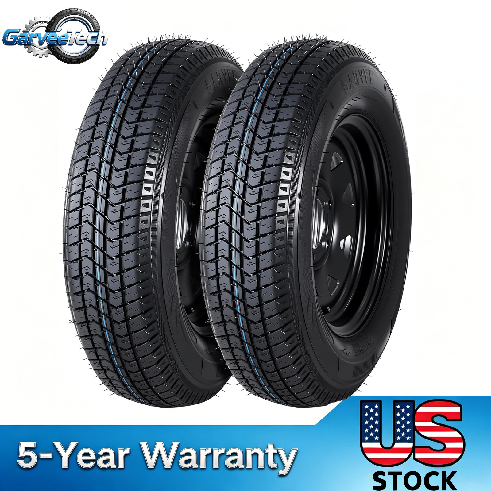 Pair ST175/80D13 Trailer Tires with 13″ Black Rims 175/80 D 13 5 Lug on 4.5