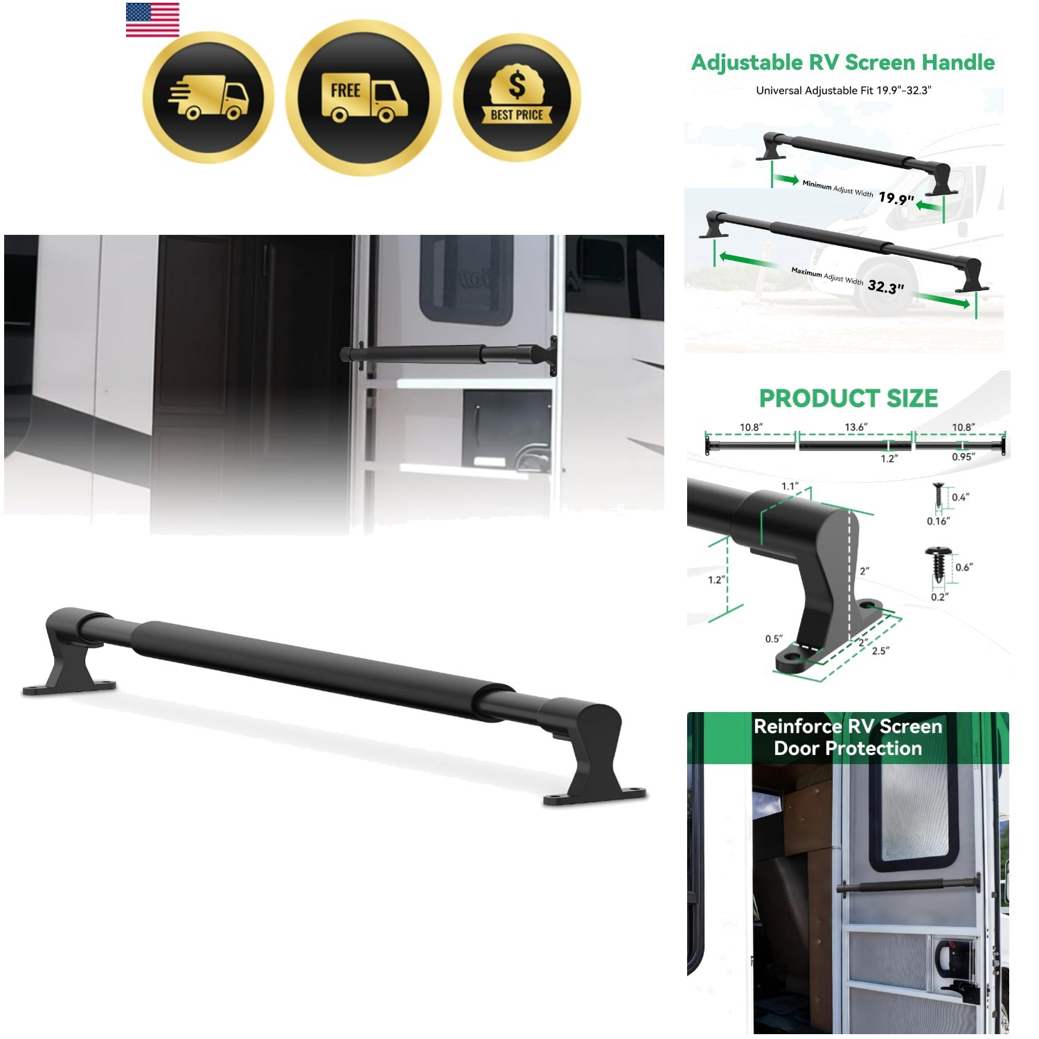19.9″ to 32.3″ Adjustable Aluminum Camper Screen Door Crossbar, Sturdy Non-Sl…