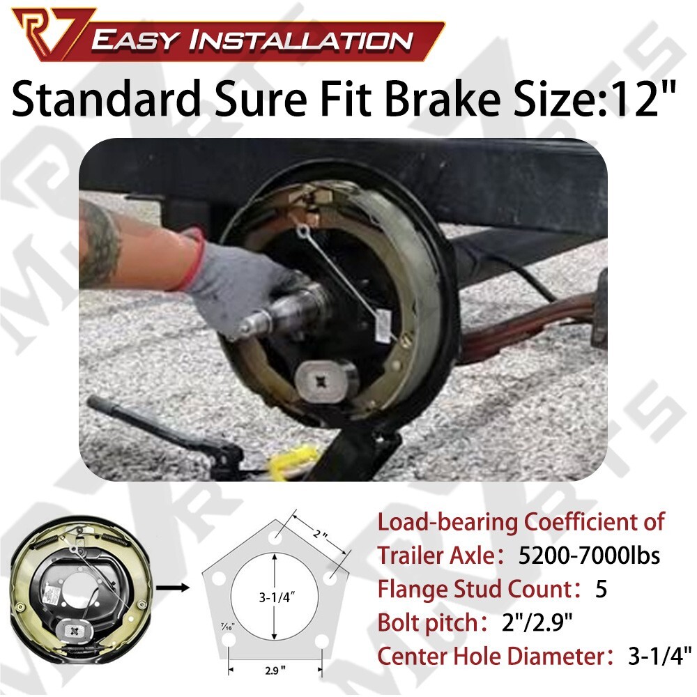 12″X2″ Electric Trailer Self-Adjusting Brake, 6 on 5.5″ Hub Drum Set 5.2-7k Axle