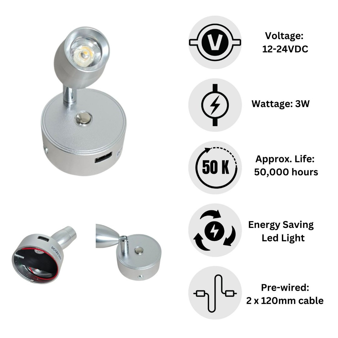 12V LED Reading Light Touch Dimmable Spotlight USB Caravan Campervan Boat 3W Lam