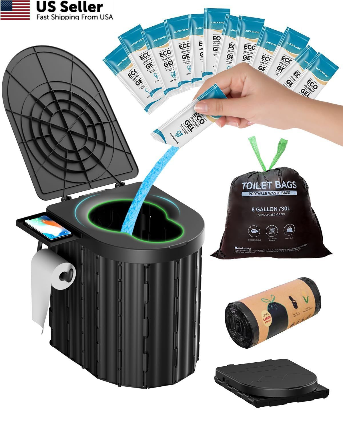 Portable Toilet with Urine Gel & Leak-Proof Black and Blue