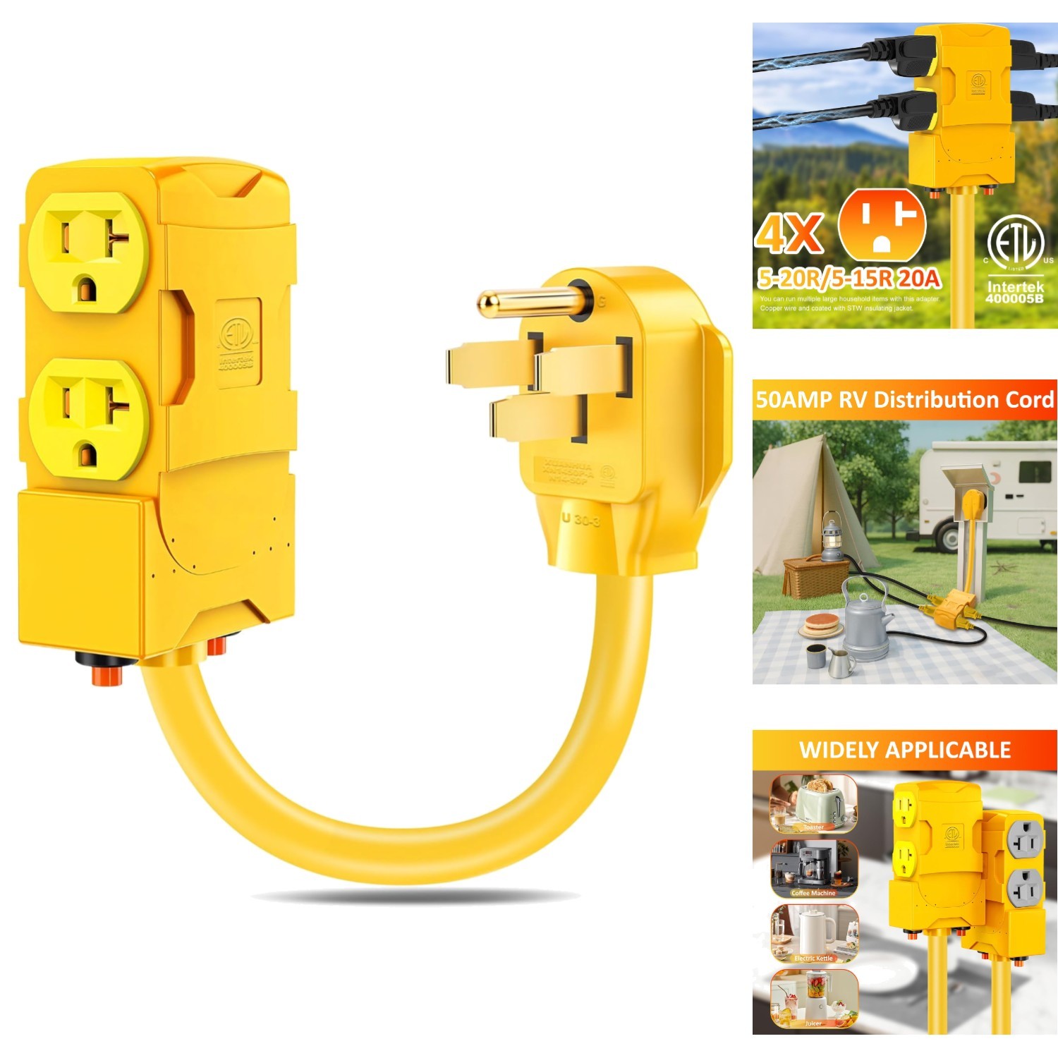 50A to 20A RV Power Adapter Cord NEMA 14-50P to 4 Sockets 5-20R Circuit Breaker