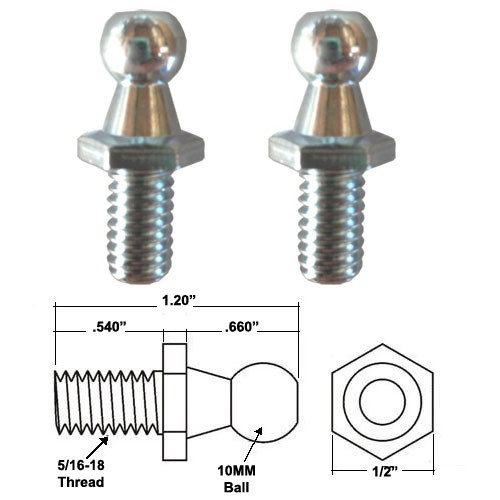 10mm Threaded Ball Studs with 5/16-18 threads for Gas Spring/Prop/Strut (2 Pack)
