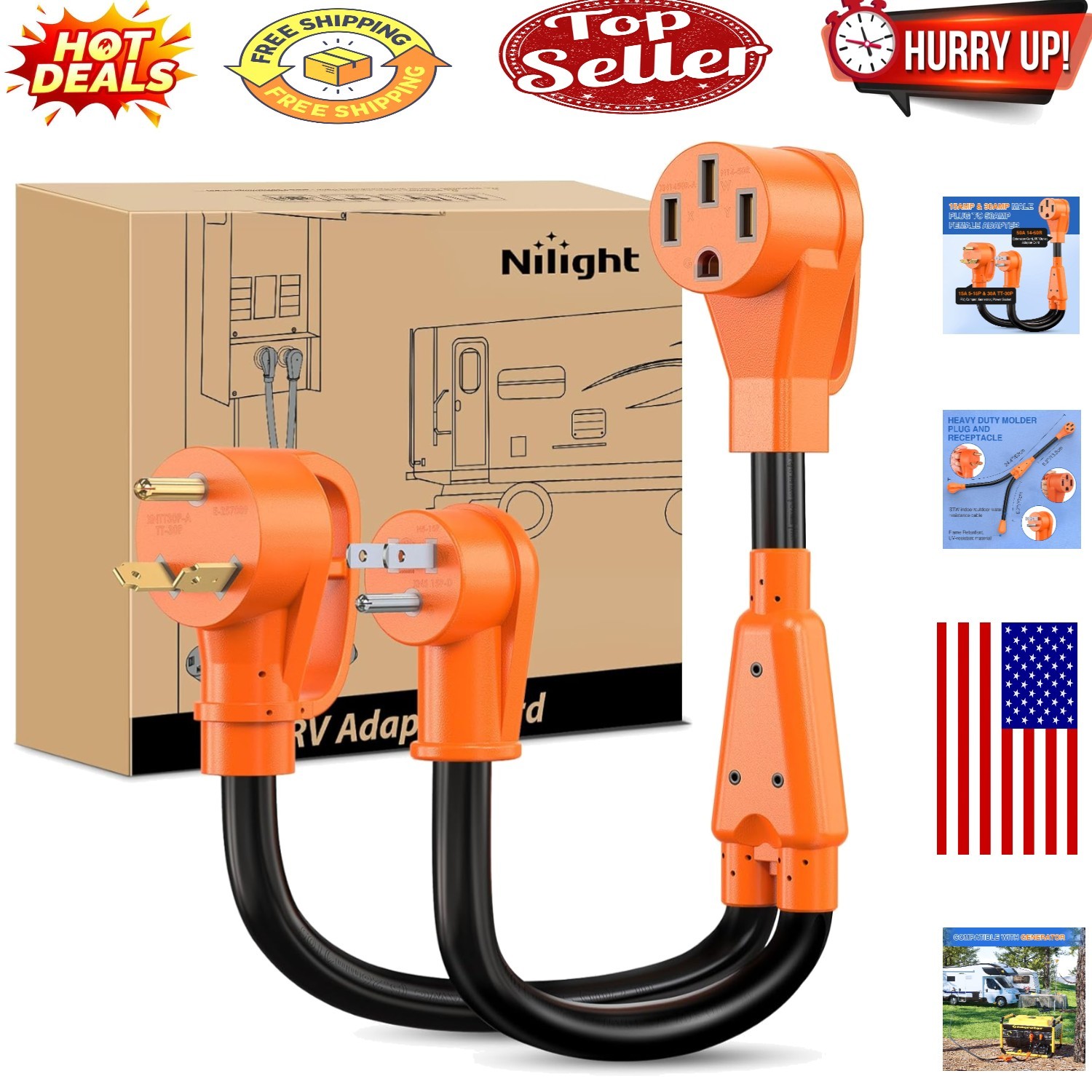 Nilight RV Y Splitter Adapter Cord 15 Amp 30 Amp to 50 Amp 5-15P TT-30P Male