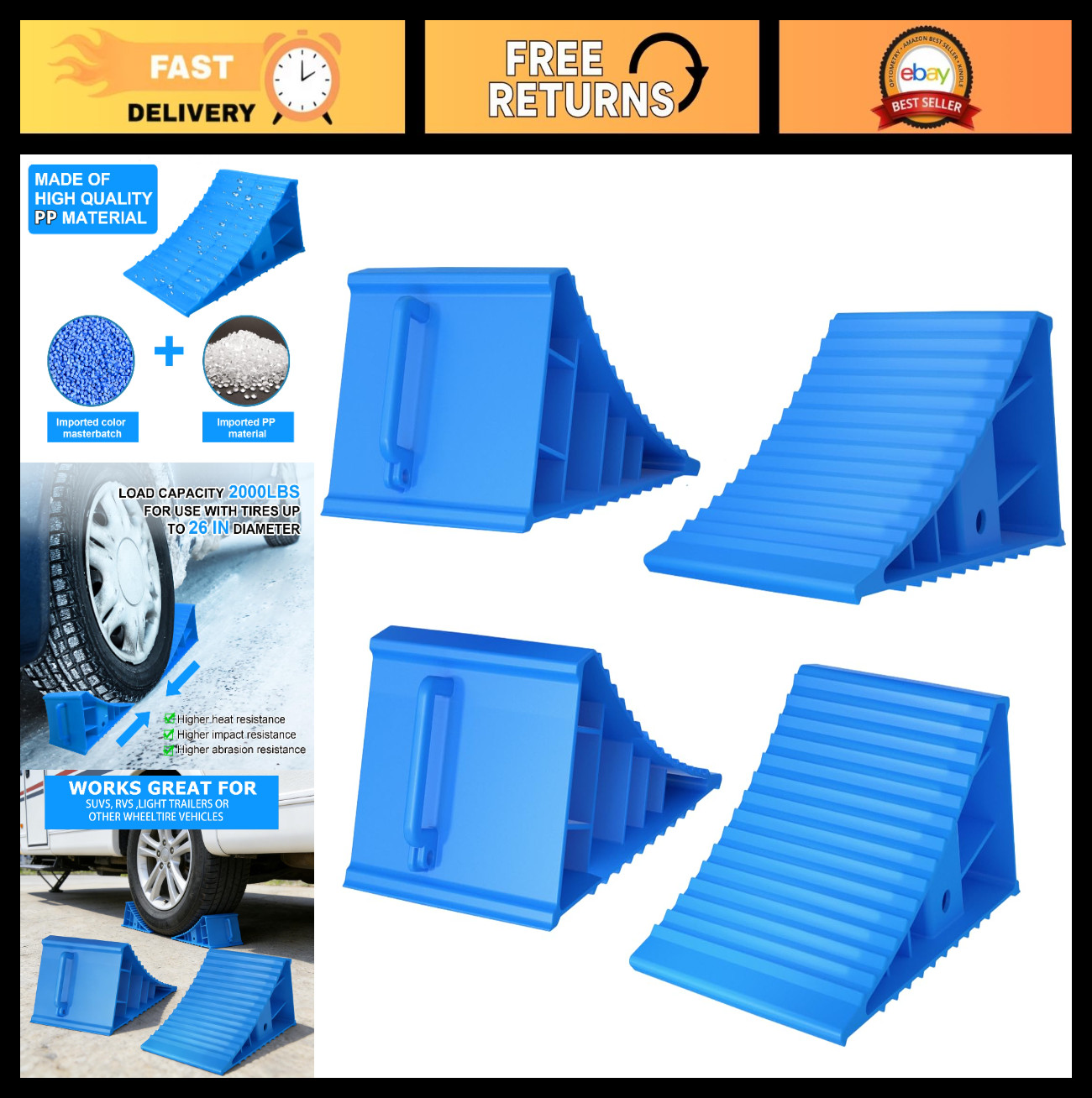 4-Pack Heavy Duty Non-Slip Wheel Chocks for RVs, Trailers & Trucks – Easy Grip H