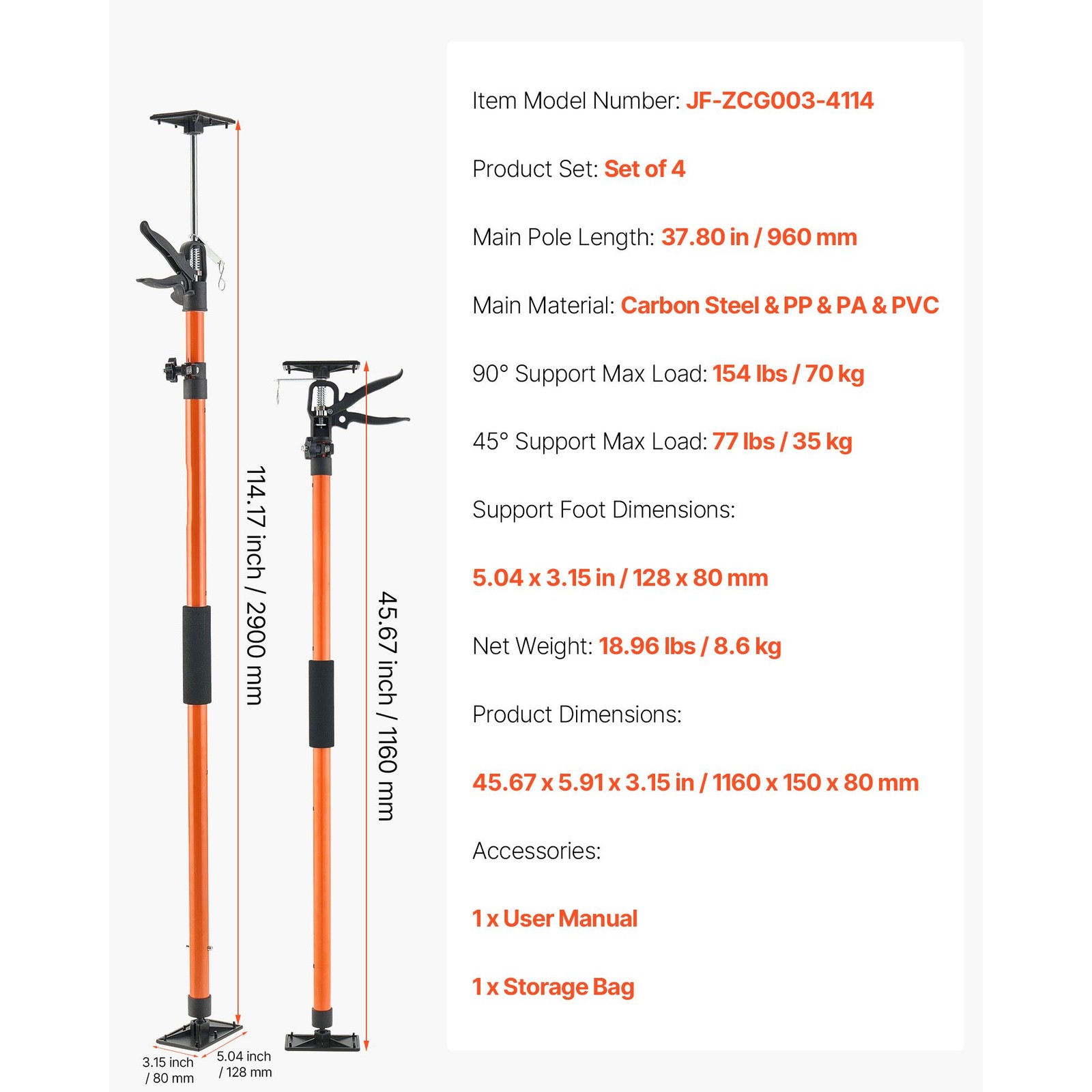 4-Pack Adjustable Cabinet Jack Support Pole 45.67-114 Inch Steel Telescopic