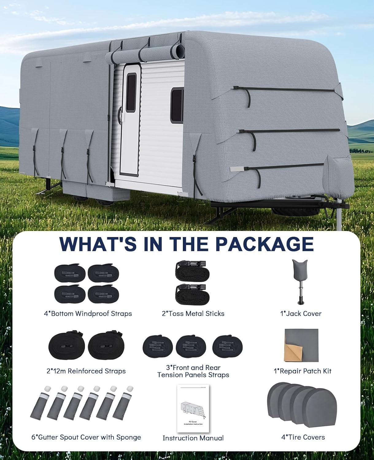 Waterproof Camper Cover Travel Trailer RV Cover 18′-35’ft W/ Zipper Extra-Thick