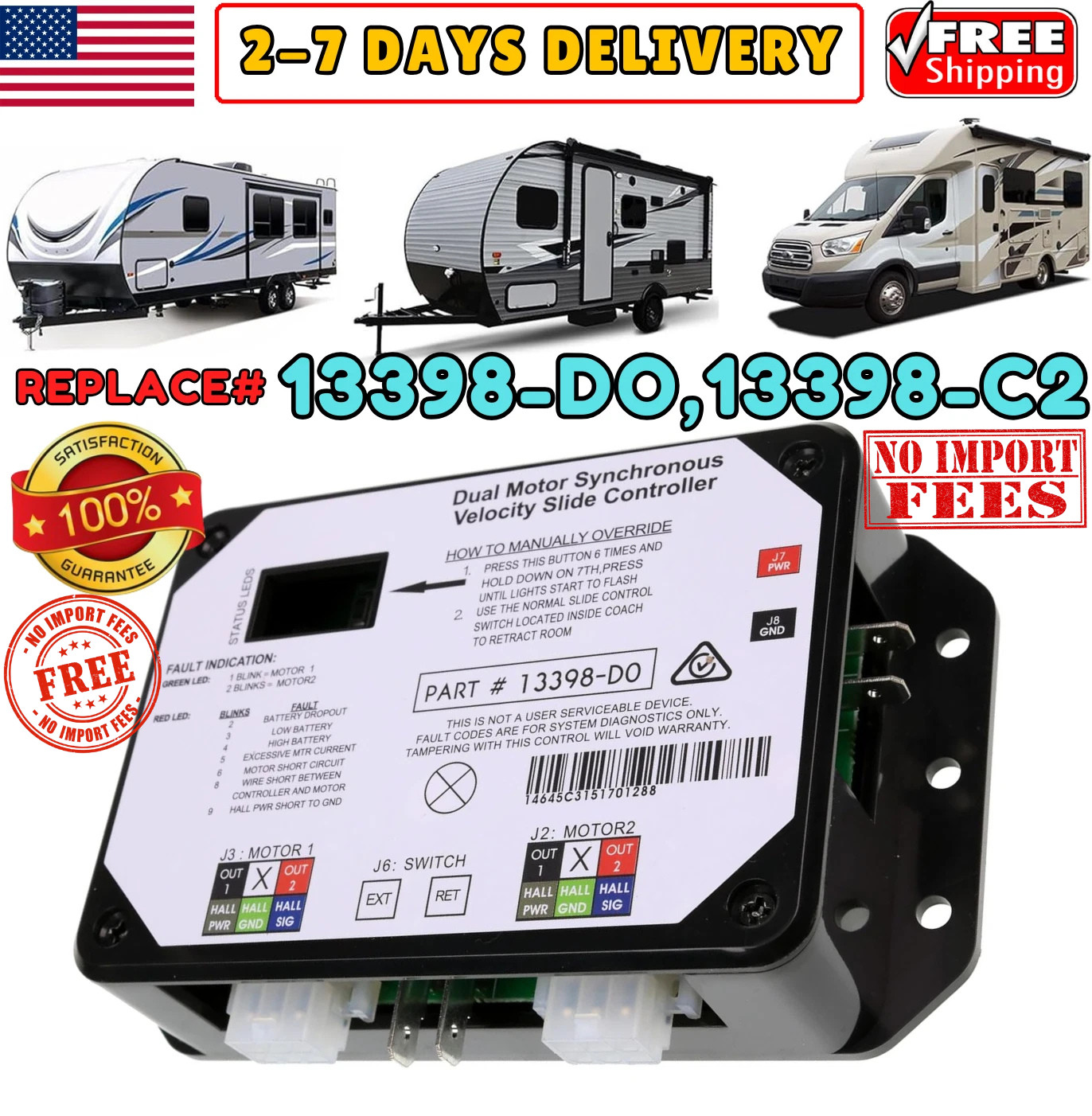 RV Slide Out Controller for Lippert in-Wall, V-Sync II, 211852 Rep# 13398-DO/C2