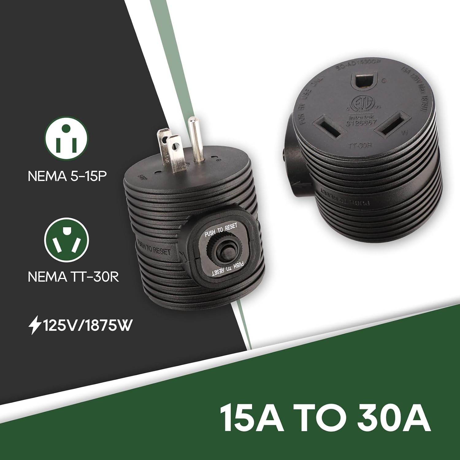 NEMA 5-15P to TT-30R RV Adapter Plug – 30A to 110V with Overload Protection