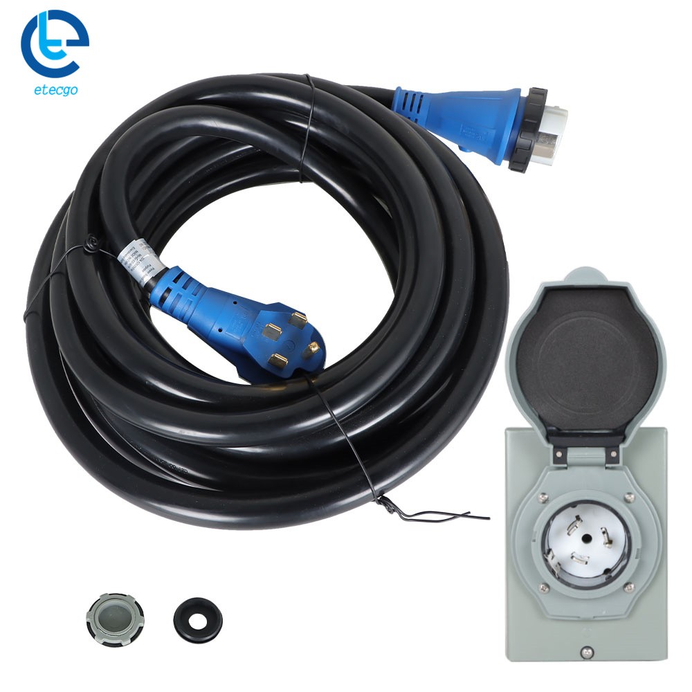 For 50Amp 30FT RV Extension Cord + Power Inlet Box Combo Kit Twist Lock & LED