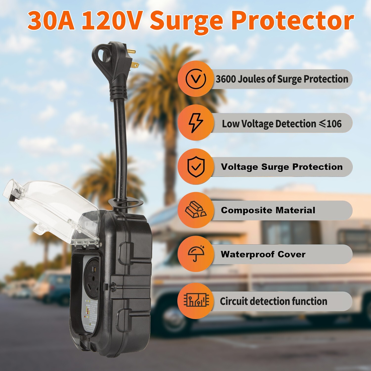 ADSAFE RV Surge Protector 30 Amp with Waterproof Cover and Grip Handles