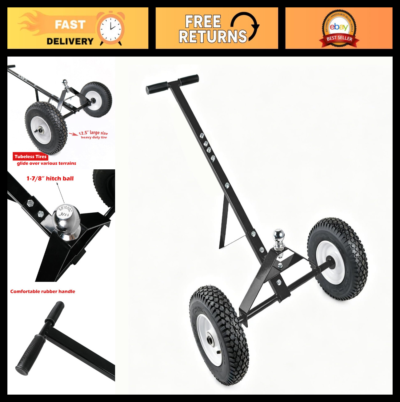 Heavy Duty Trailer Dolly 650LBS Capacity, 12″ Pneumatic Tires, 1-7/8″ Hitch Ball