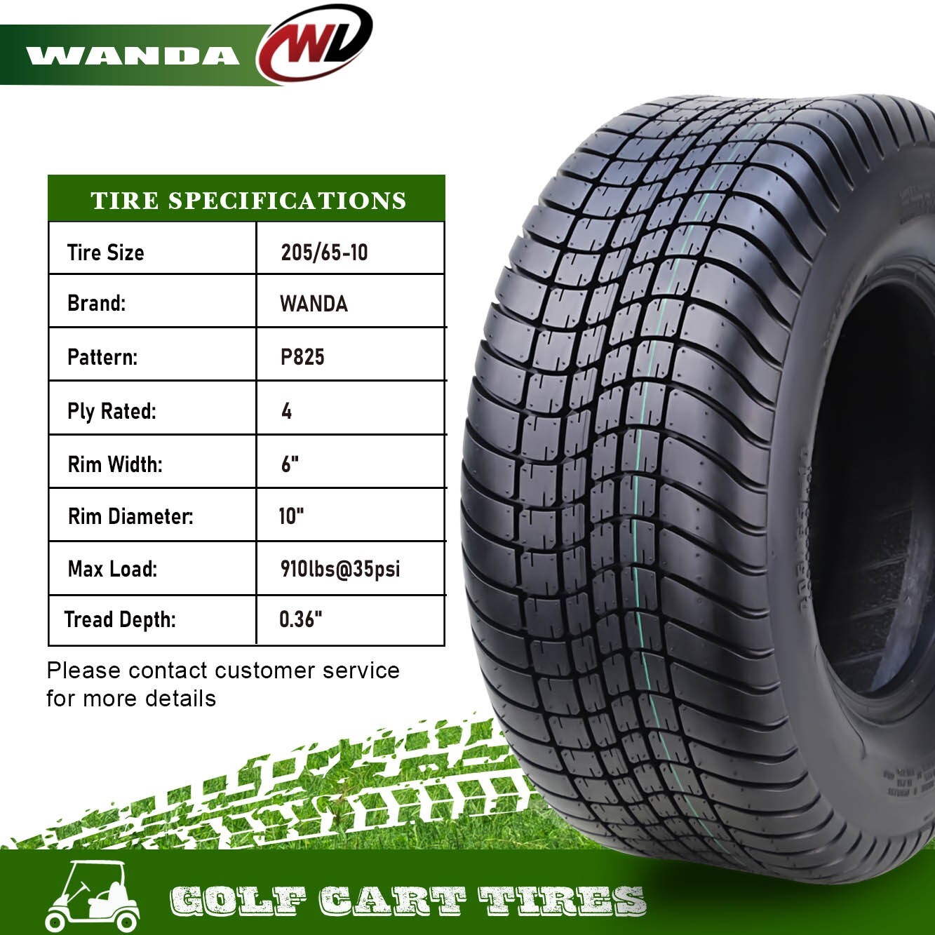 WANDA Golf Cart Tire Rim 205/65-10 4-Ply with 4 Lugs on 4″ PCD White-14007