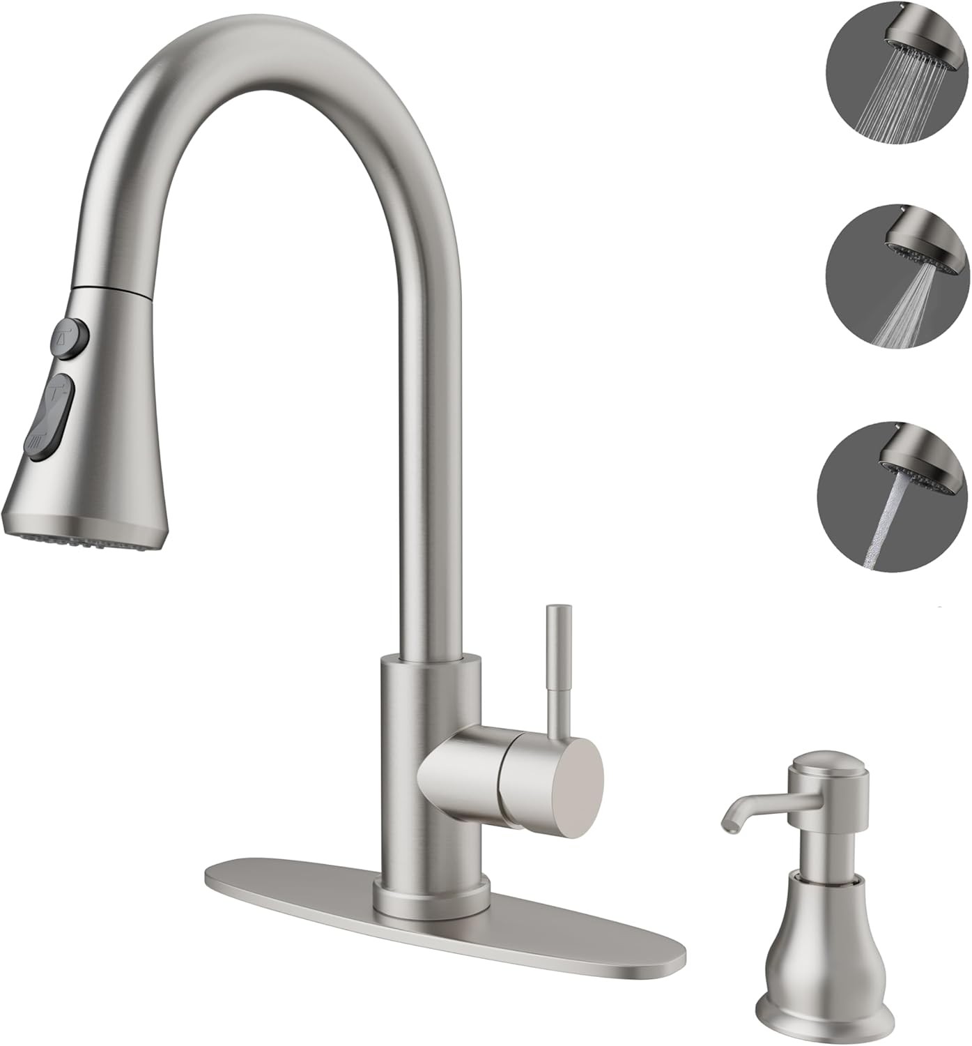Kitchen faucet with soap dispenser, three-setting adjustable