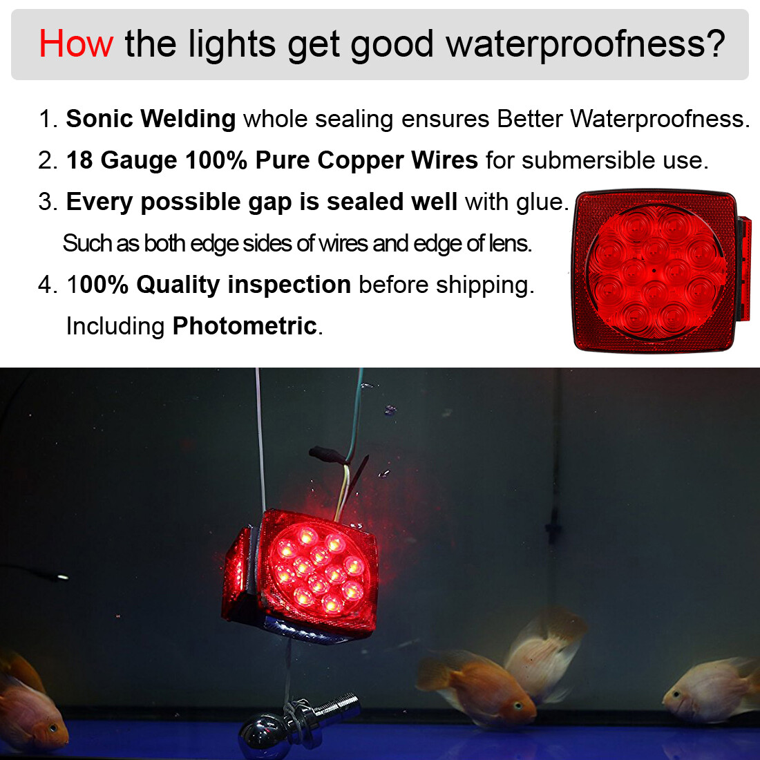 Pair LED Submersible Lights Trailer Under 80″ Tail Brake Boat Stud Mount Square