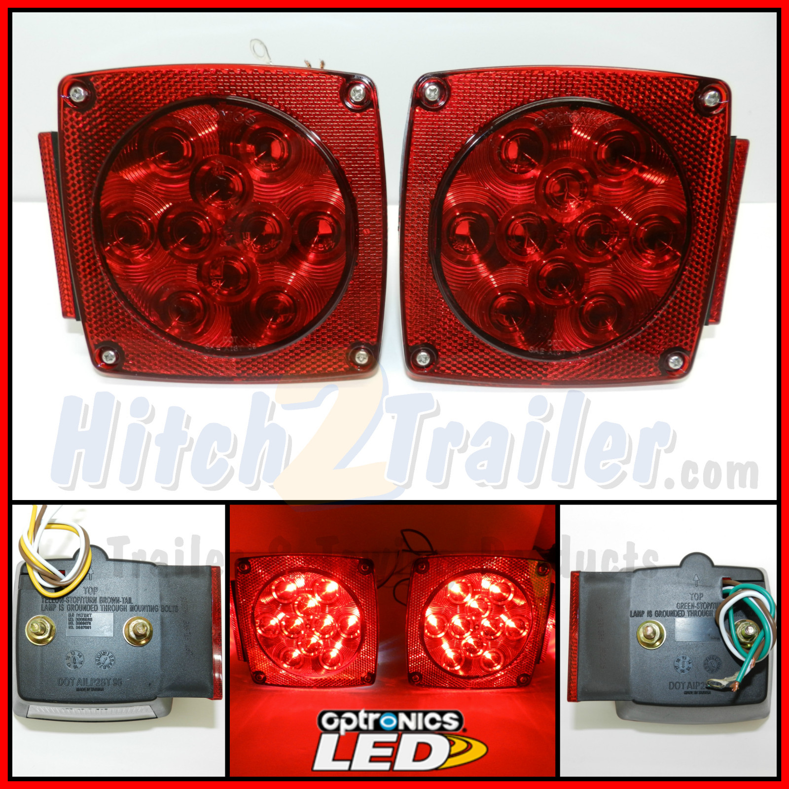 (1) set Trailer under 80″ LED Square Tail Light Stud Mount Optronics Submersible