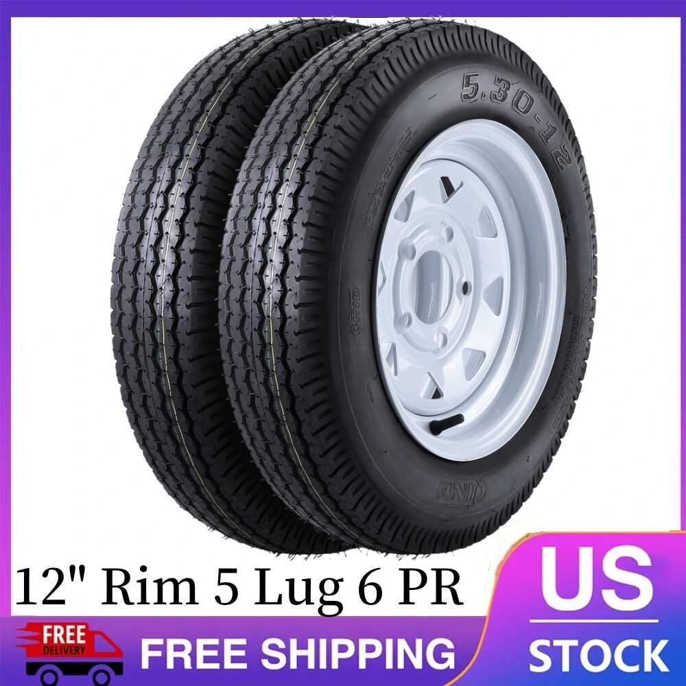 ✔️2 Pack 5.30-12 5.30×12 Trailer Tires with 12″ Rim 5 Lug on 4.5″ 6 PR Spoke Whe