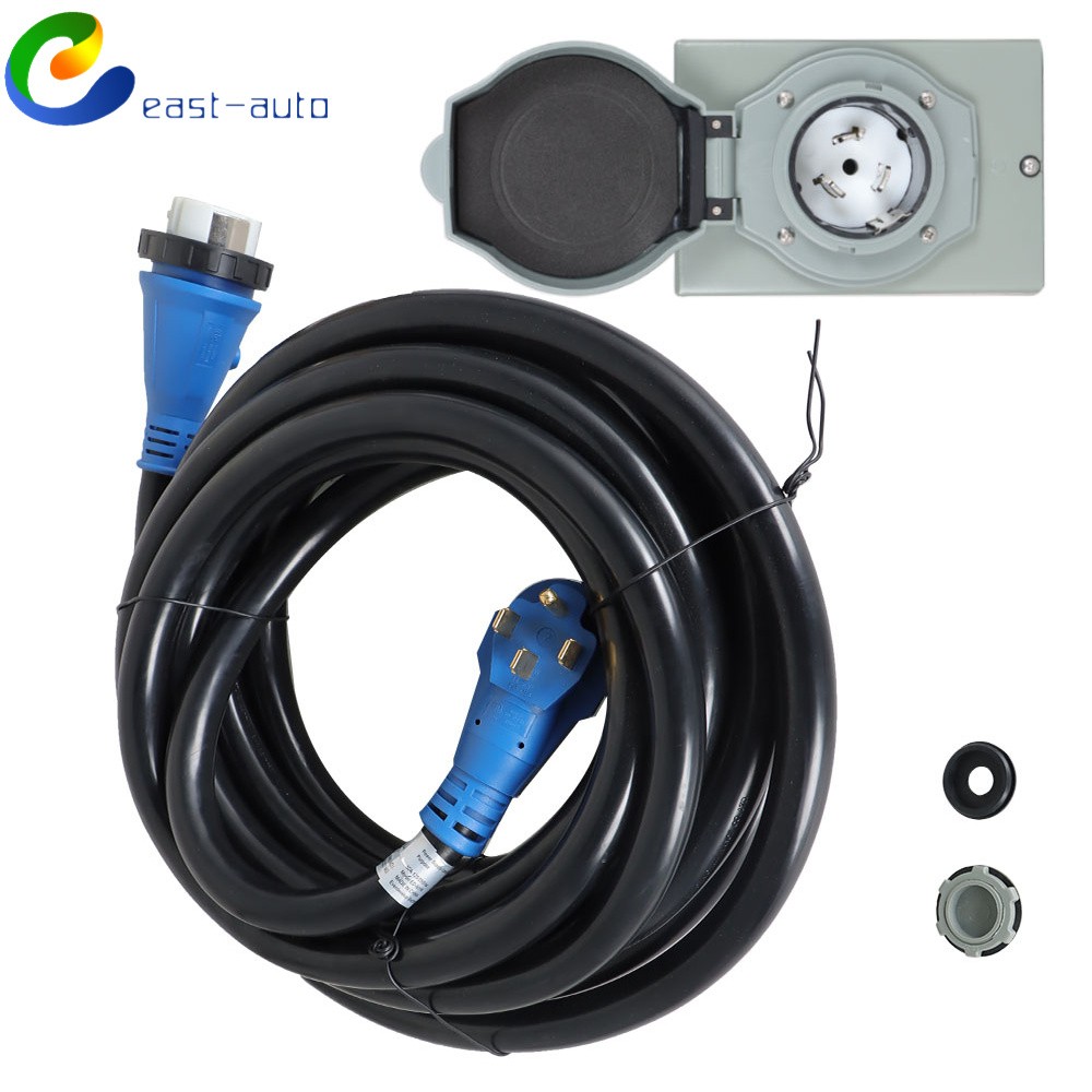 Power Input Box 50A 30FT with Lock And RV Extension Black Cord Blue Plug