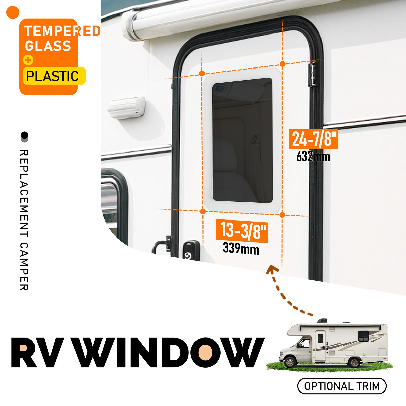 15″x24″ Window Entry Door Tempered Glass For Universal RV Trailer Camper