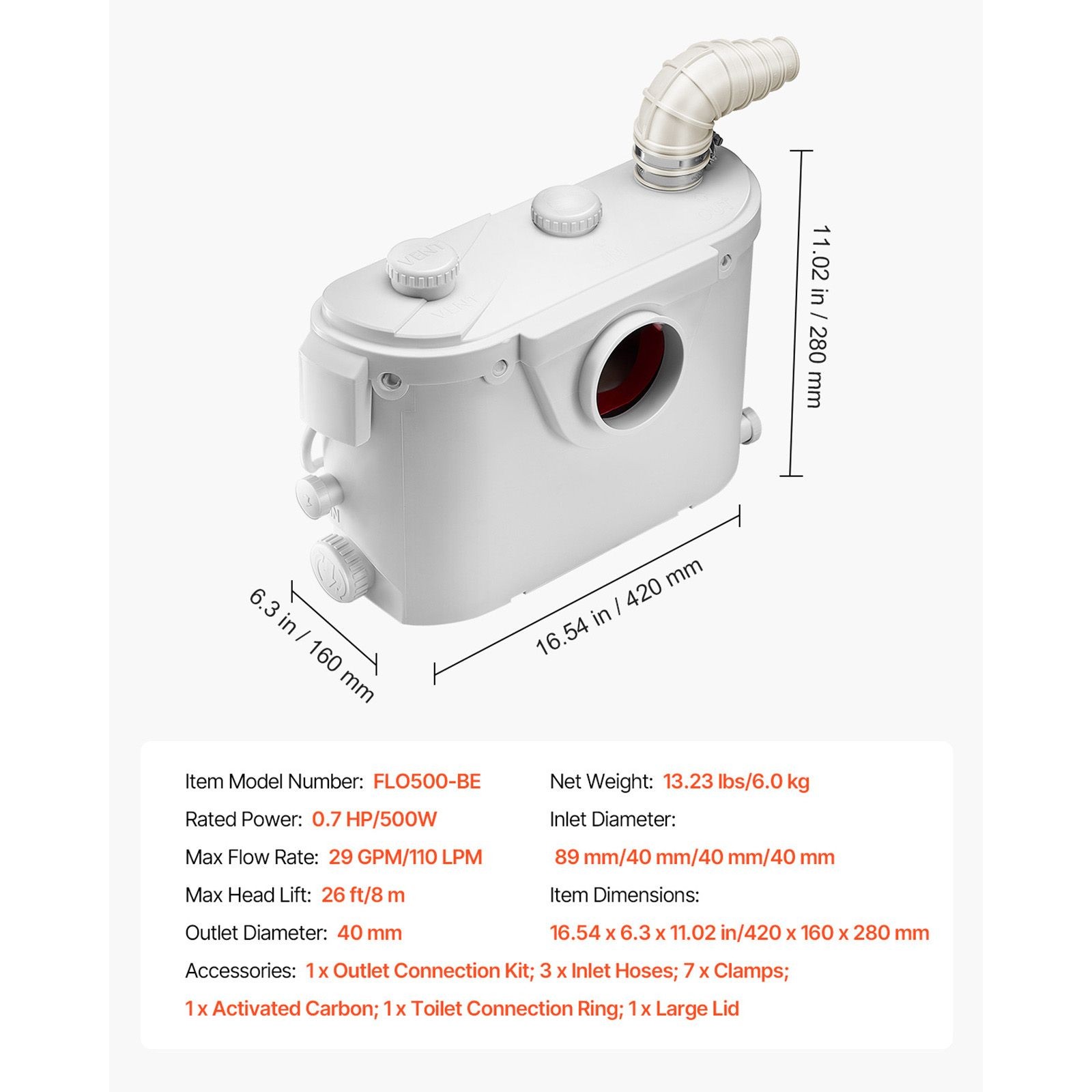 500W Macerator Pump 29 GPM 26ft Head 4 Inlets Upflush Toilet
