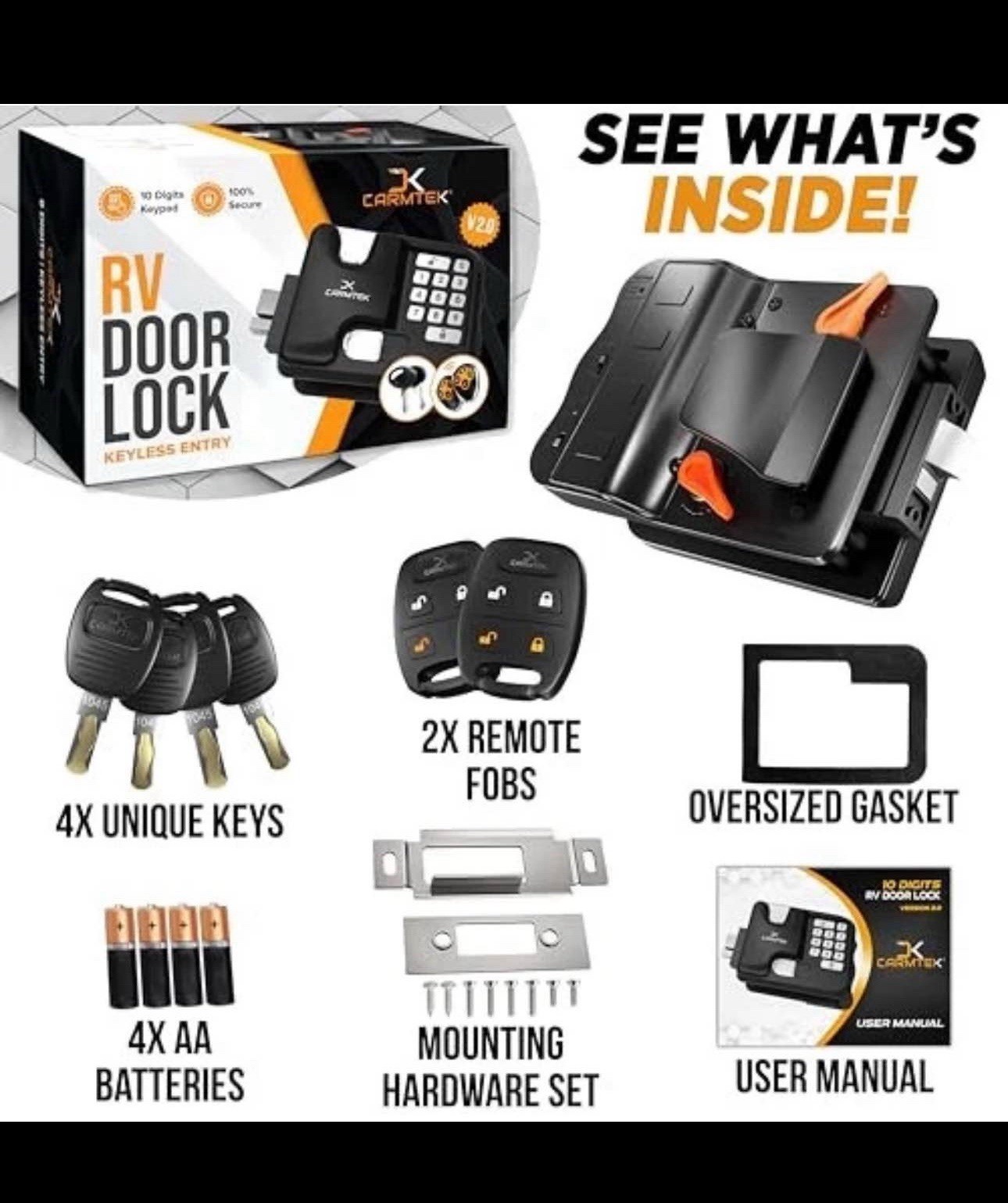 RV Keyless Entry Lock 10 Digits V2.0 w/ Fobs & Keys – Fits 3.75″ x 2.75″ Locks