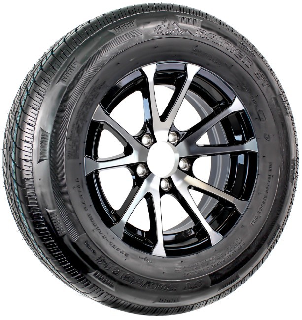 Radial Trailer Tire ST205/75R14 Load D 14″ 5 Lug Avalanche Black Aluminum Rim