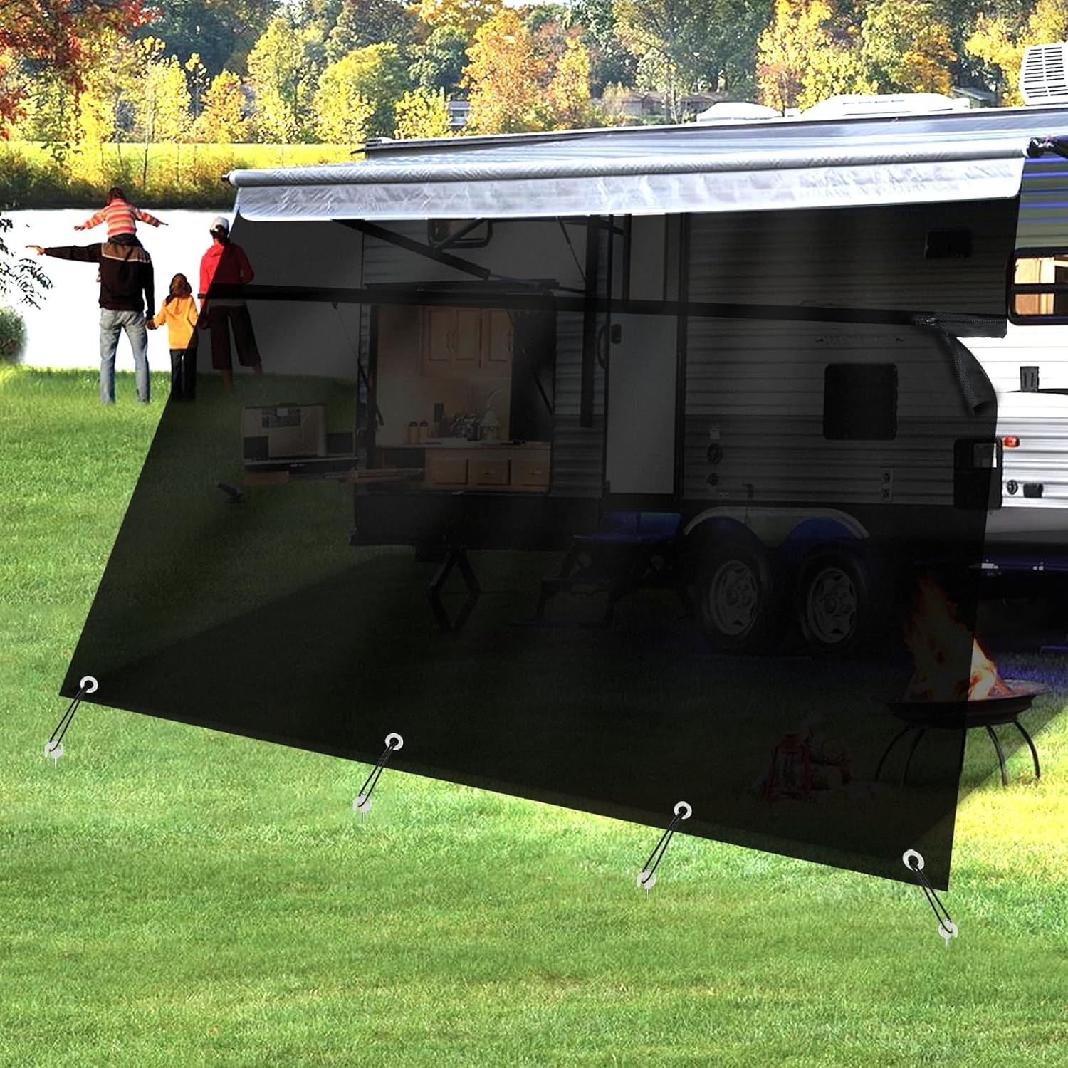RV Awning Shade Screen with Zipper 9×153″ Black 230GSM 8.2oz 600D Mesh Blocks 88