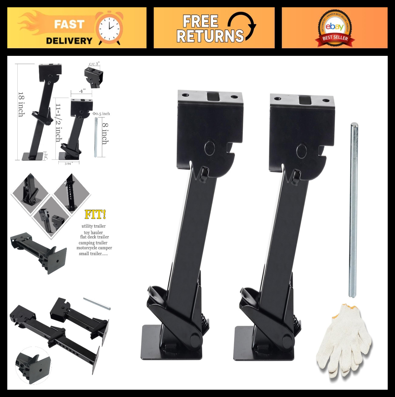 Set of 2 Trailer Stabilizer Jacks | Folding Telescoping Leveling Legs for RV Cam