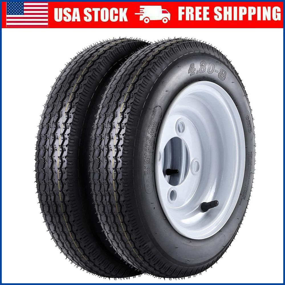 2 Pack 4.80-8 4.80×8 Trailer Tires On Rims 480-8 4.8-8 Load Range C 4 Lug 6-Ply