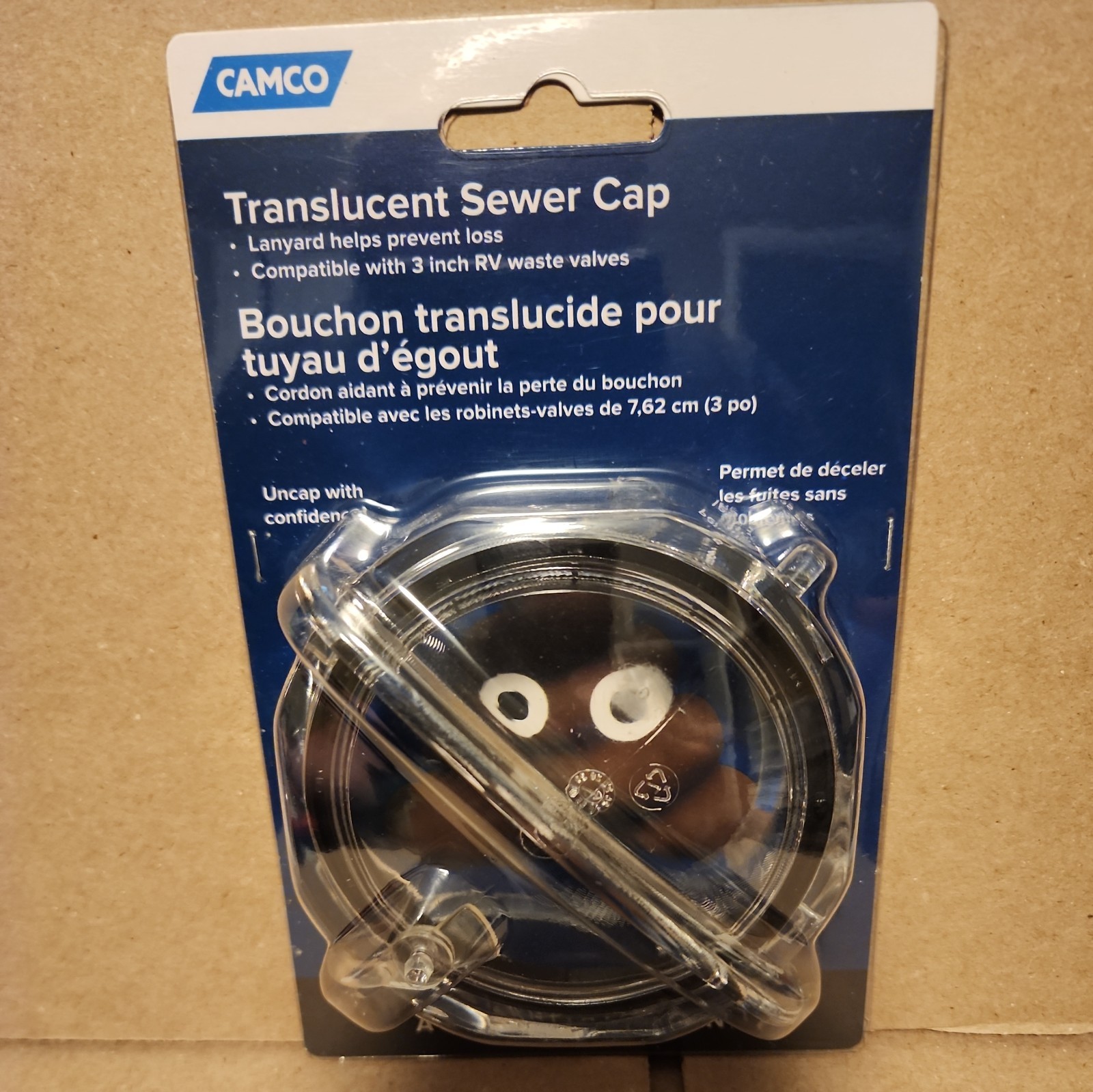Camco RV Translucent Sewer Cap 3” with Lanyard 39455 New