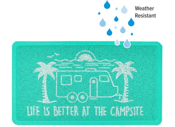 Camco 53447 Life Is Better At The Campsite Scrub Rug, Teal Trailer, 26.5″x15″