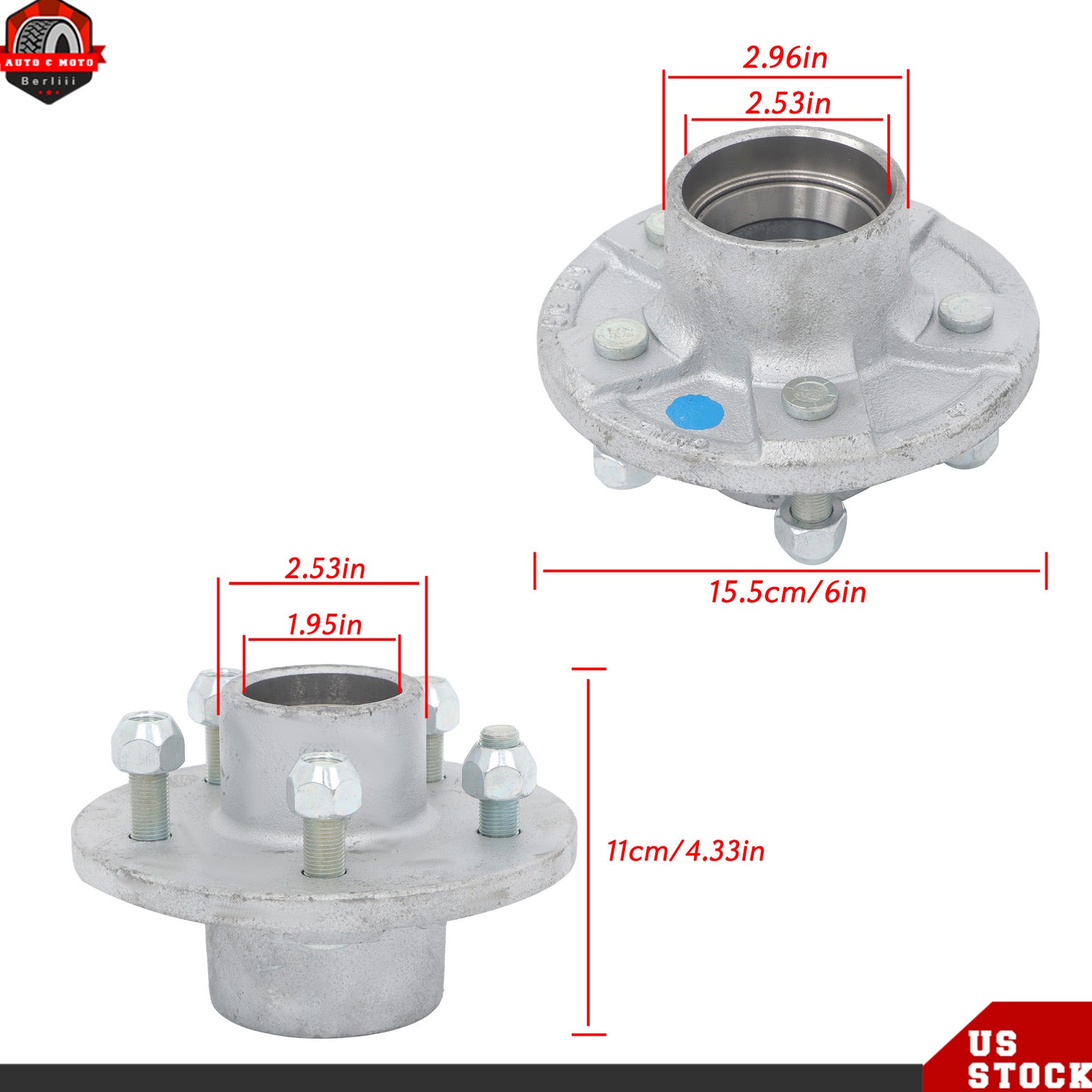 2 Sets 5 on 5″ Galvanized Trailer Hub Kit For 3500 lb #84 Spindle w/ Bearing Kit