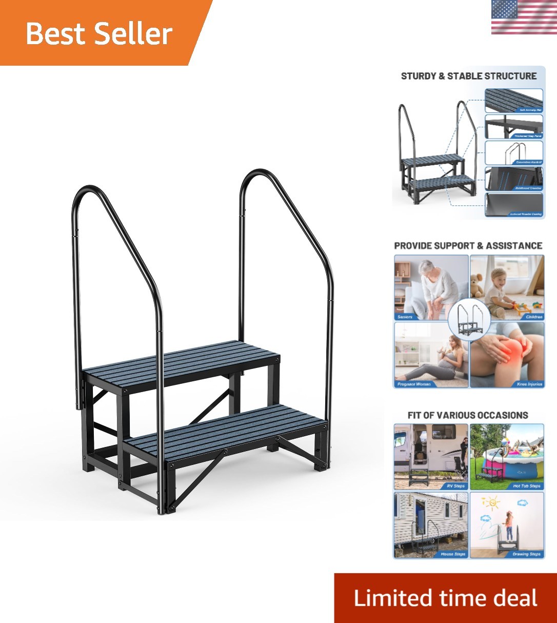 Alloy Steel 2-Step RV and Hot Tub Steps with Portable Handrail – 300 lbs Cap.