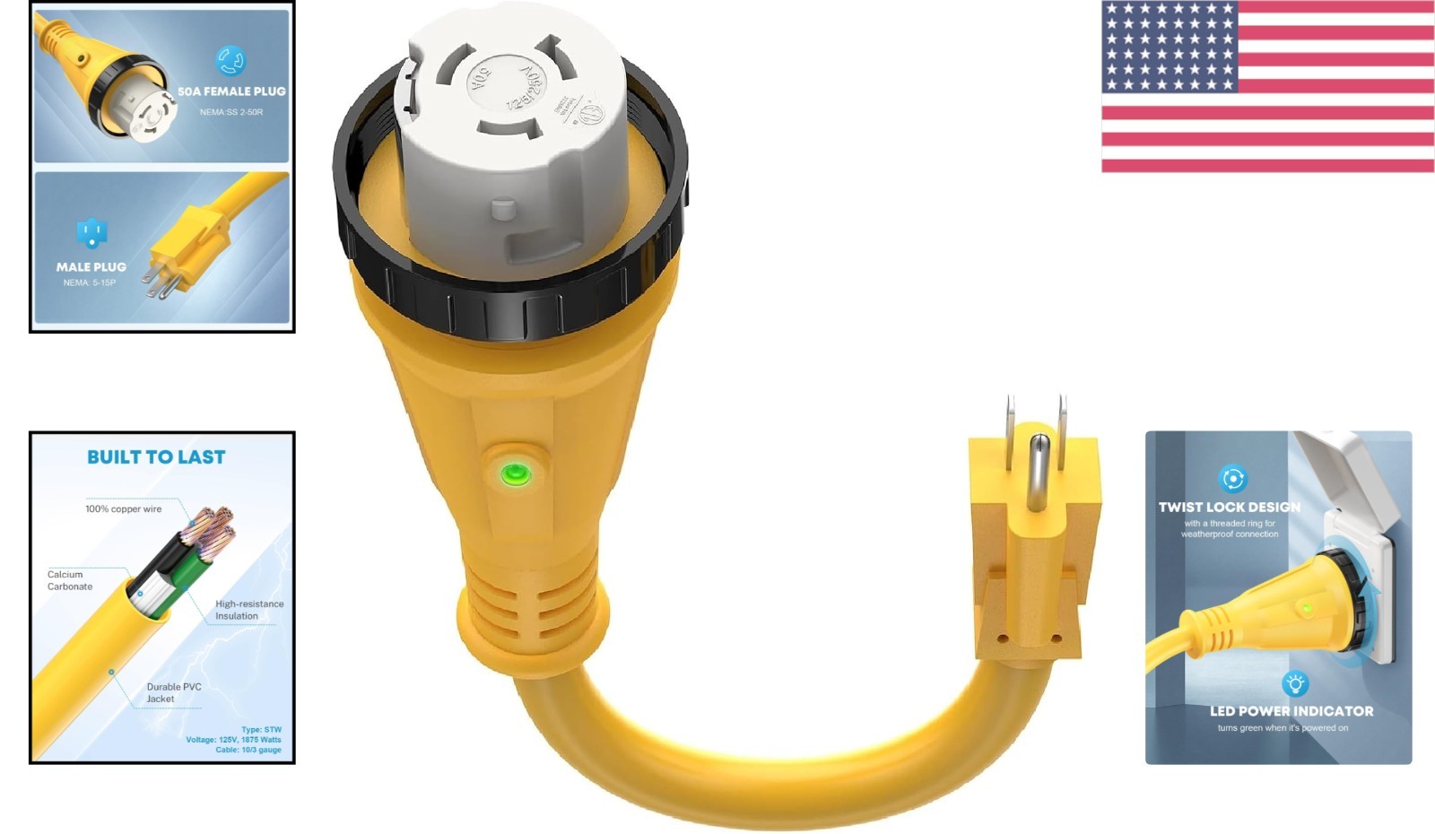 50 Amp to 15 Amp RV Power Adapter Cord with LED Indicator – Safe & Durable