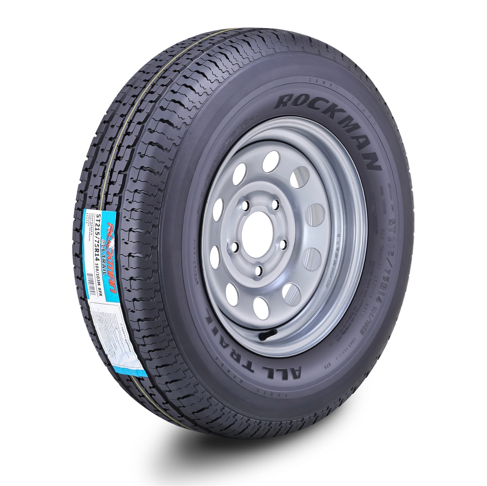 ROCKMAN Trailer Tire Wheel ST215/75R14 8-Ply D 108M 5×4.5 PCD Silver Mod Rim