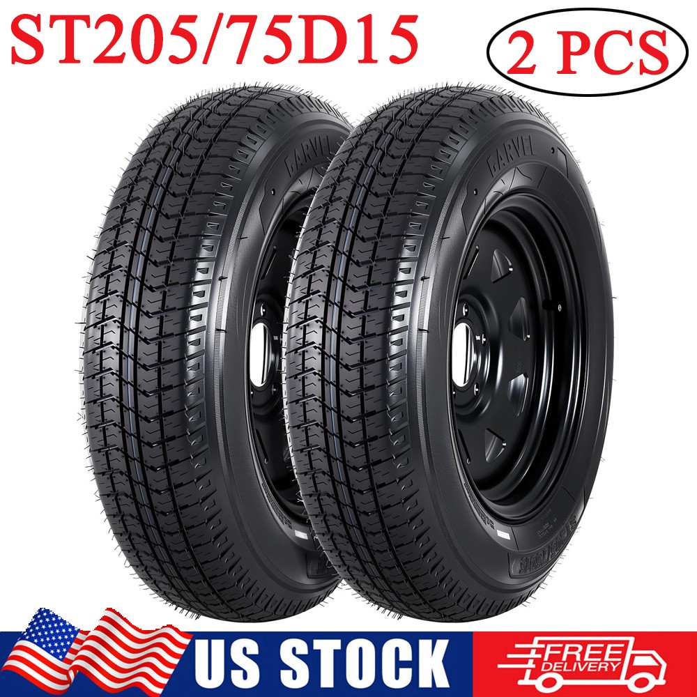 2PCS ST205/75D15 Trailer Tires & Rims 5 Lug on 4.5″ Black Spoke Wheels 205 75 15